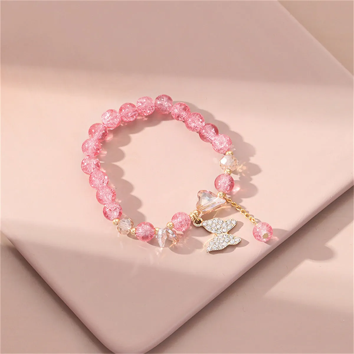 Pink Crystal & 18K Gold-Plated Heart Butterfly Beaded Stretch Bracelet