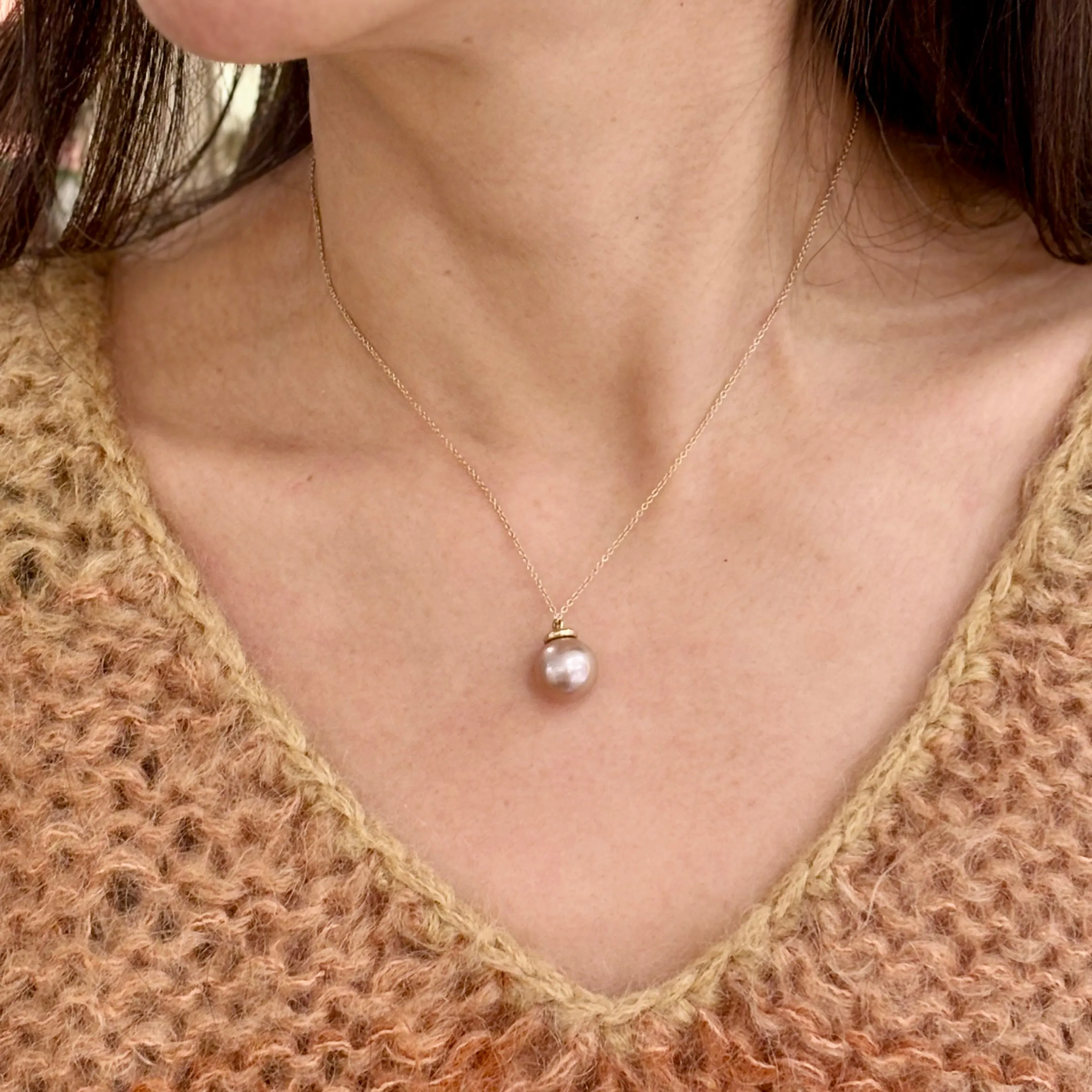 Pink Pearl Diamond Cap Necklace In 14K