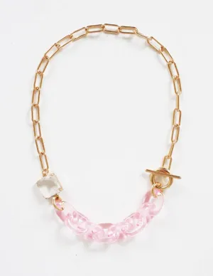 Pink resin and gold chain necklace