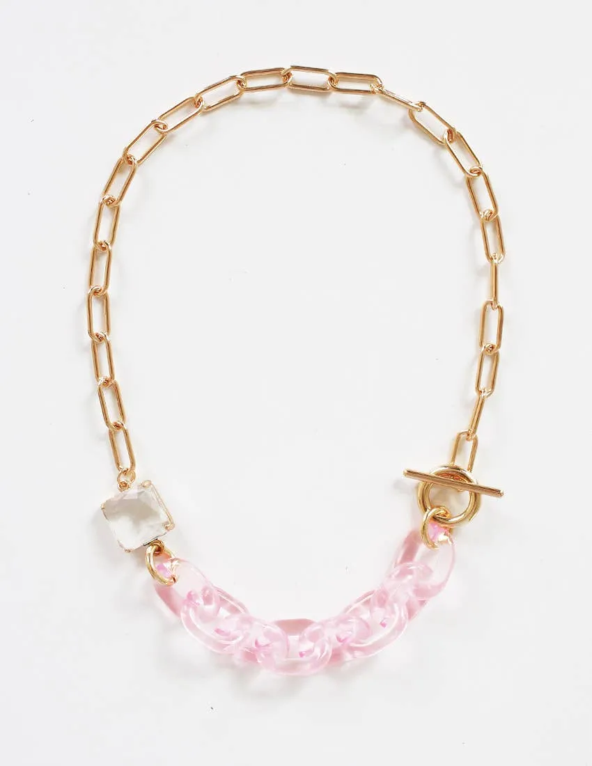 Pink resin and gold chain necklace