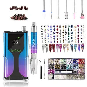 Professional Rechargeable Nail Drill Machine, Lavinda Cordless 35,000RPM Skyspace Brushless Nail Drill   7540Pcs Nail Rhinestones Kit, Multi Shapes Nail Diamond with Wax Pen Tweezers for Nail Art