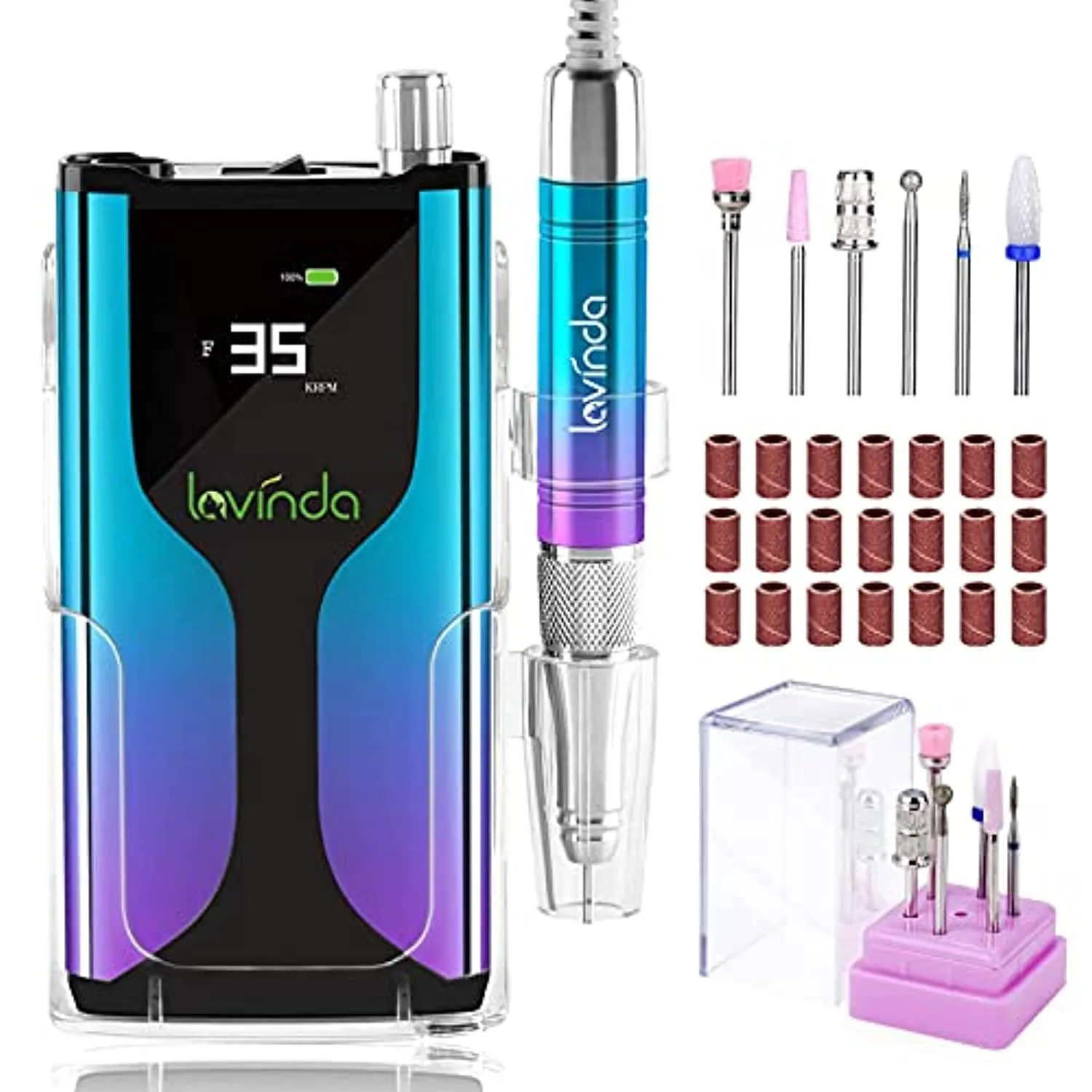 Professional Rechargeable Nail Drill Machine, Lavinda Cordless 35,000RPM Skyspace Brushless Nail Drill   7540Pcs Nail Rhinestones Kit, Multi Shapes Nail Diamond with Wax Pen Tweezers for Nail Art