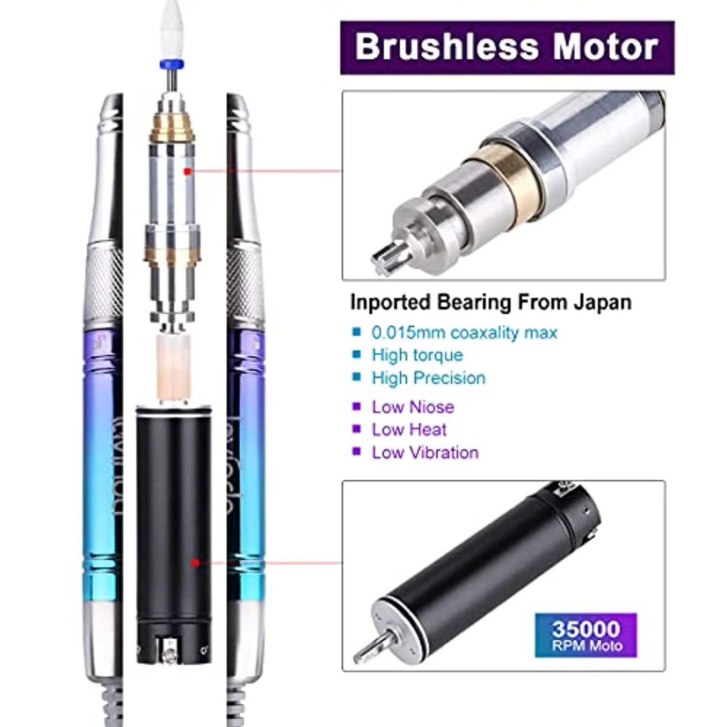 Professional Rechargeable Nail Drill Machine, Lavinda Cordless 35,000RPM Skyspace Brushless Nail Drill   7540Pcs Nail Rhinestones Kit, Multi Shapes Nail Diamond with Wax Pen Tweezers for Nail Art