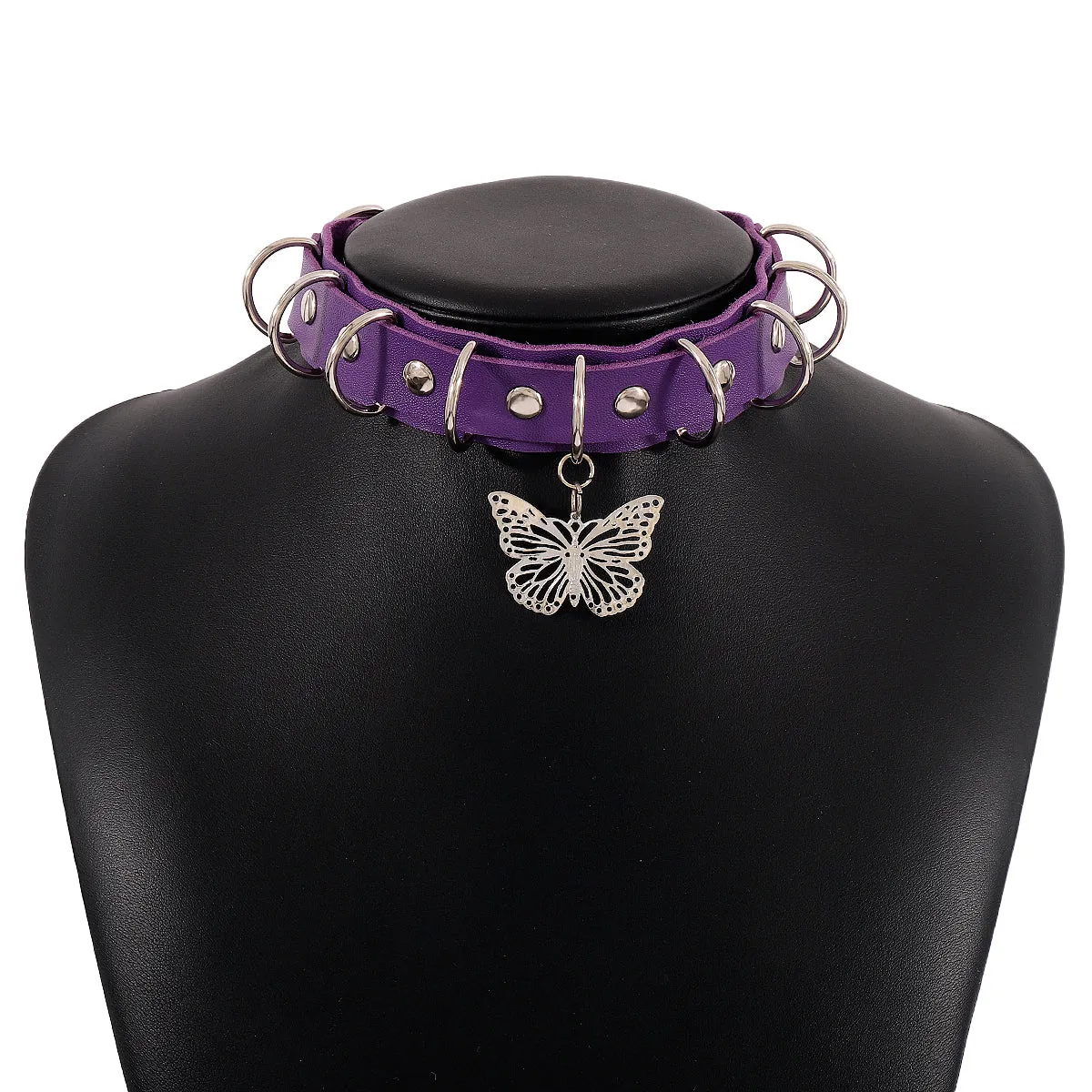 Purple Polystyrene & Silver-Plated Butterfly Choker Necklace