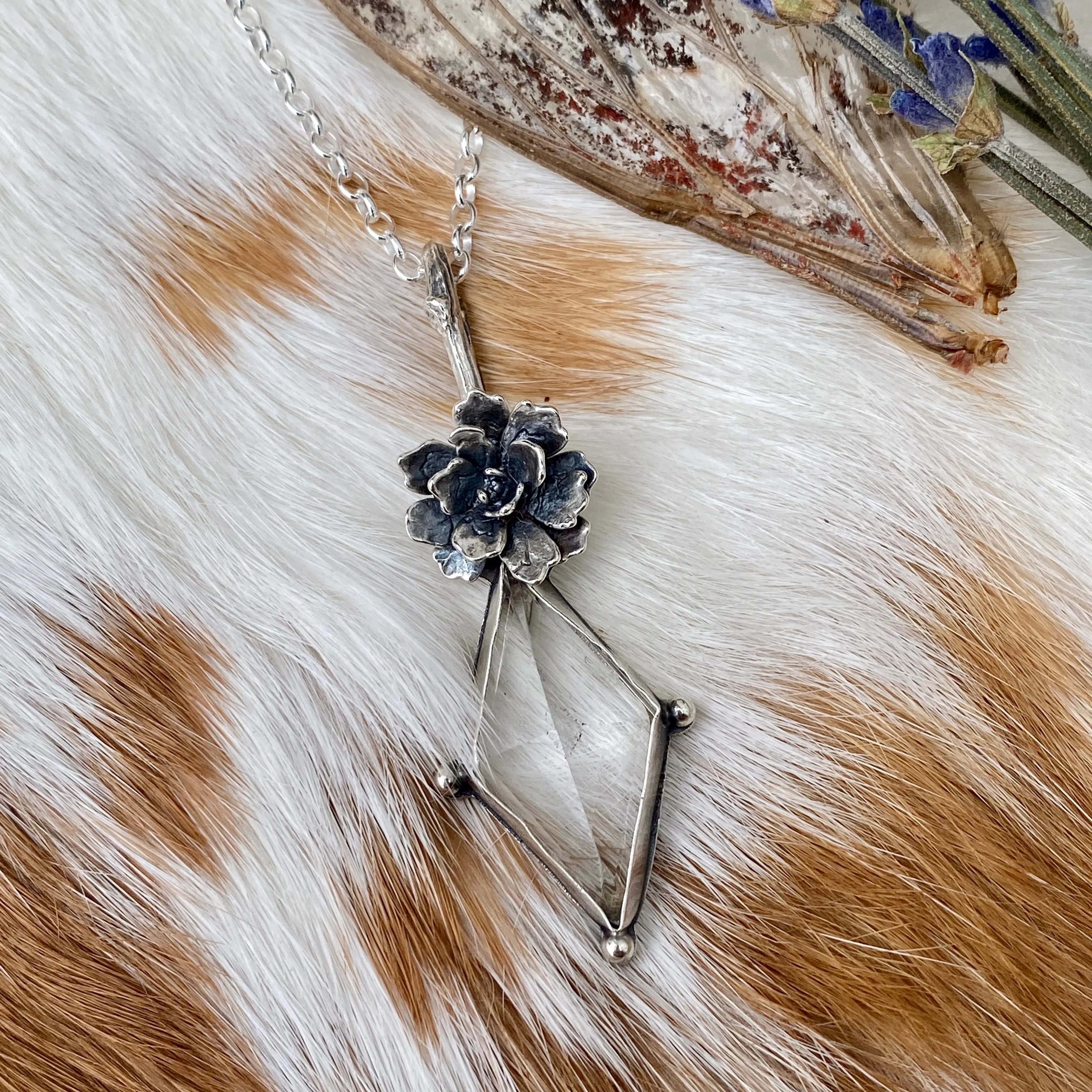 Quartz Crystal and Succulent sterling silver necklace