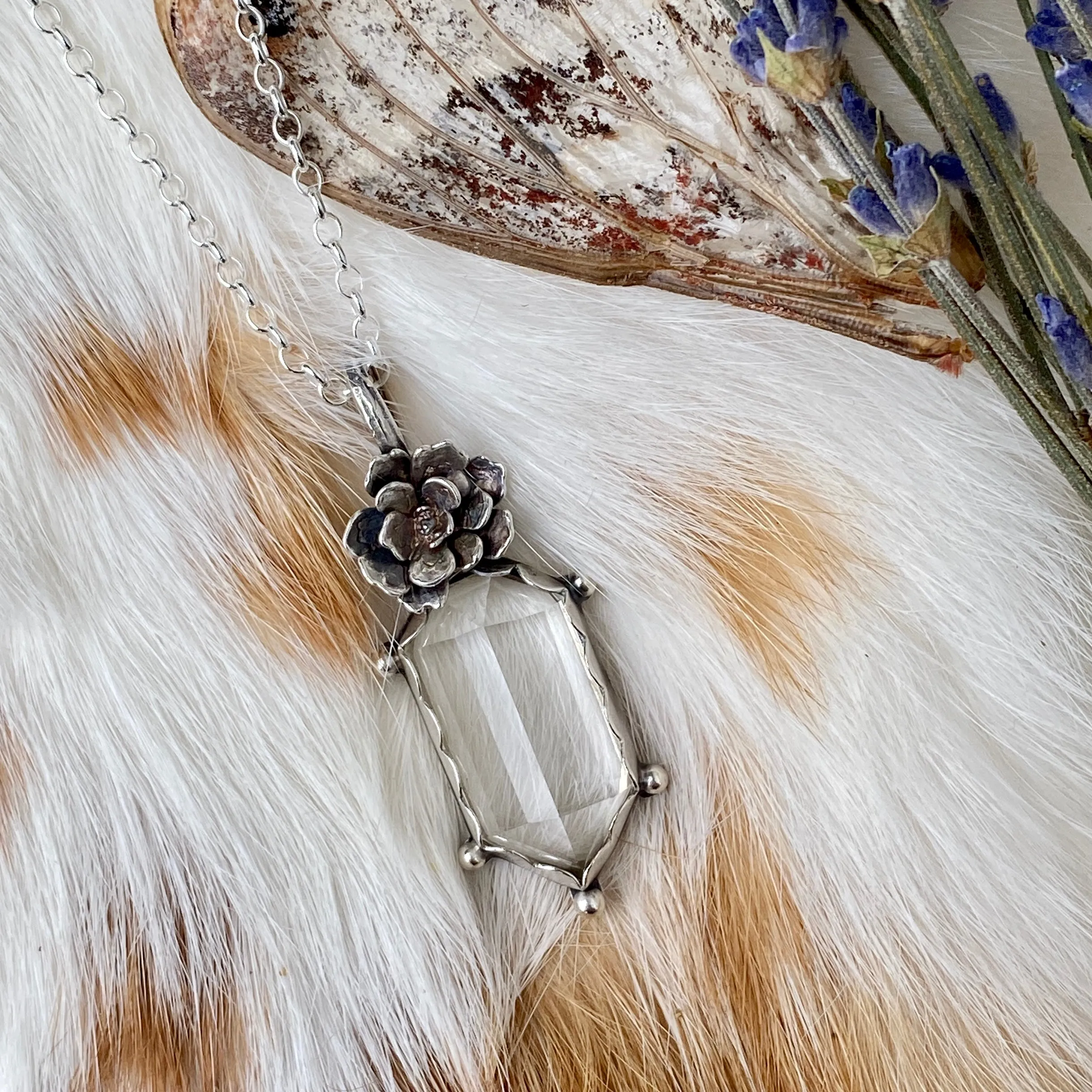 Quartz Crystal and Succulent sterling silver necklace