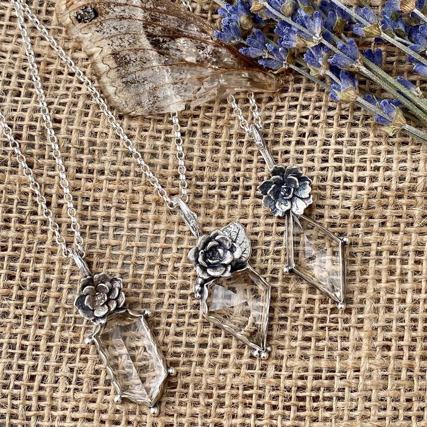 Quartz Crystal and Succulent sterling silver necklace