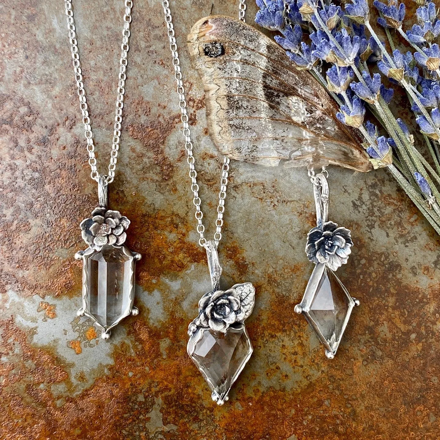 Quartz Crystal and Succulent sterling silver necklace