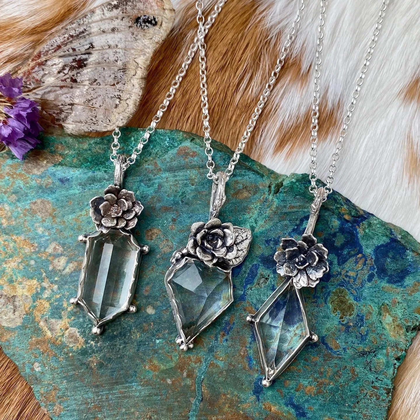 Quartz Crystal and Succulent sterling silver necklace