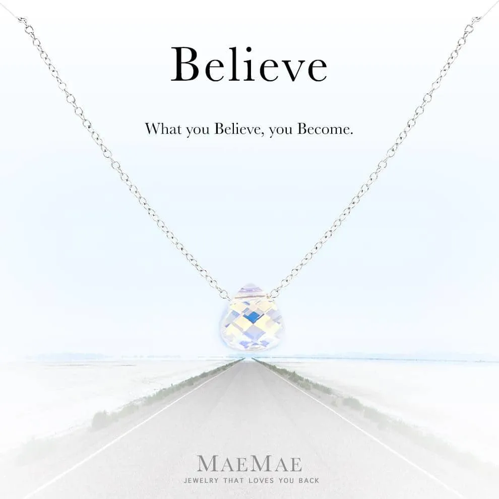 "Believe" Crystal Pendant Necklace - Clear Crystal or Aquamarine Crystal