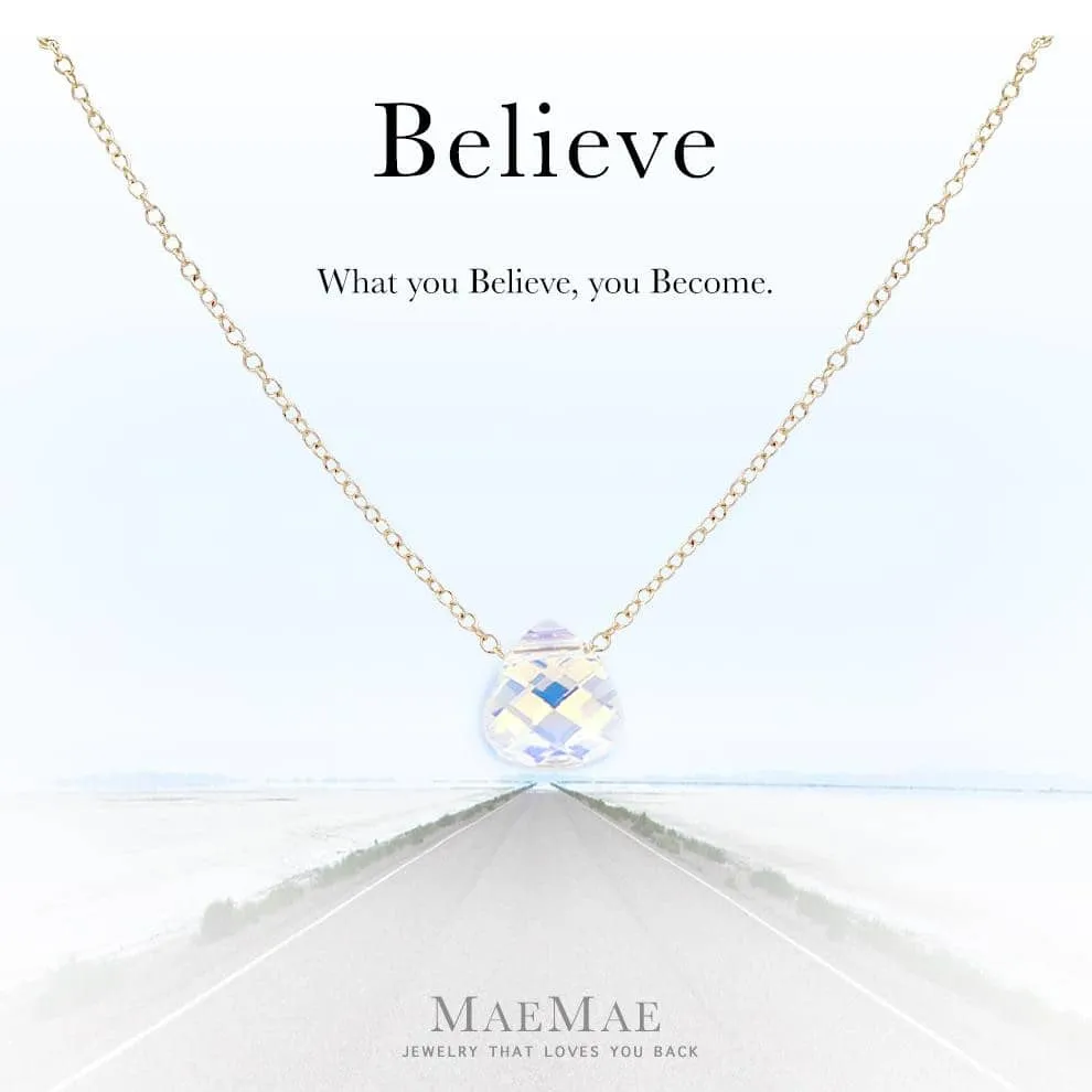 "Believe" Crystal Pendant Necklace - Clear Crystal or Aquamarine Crystal