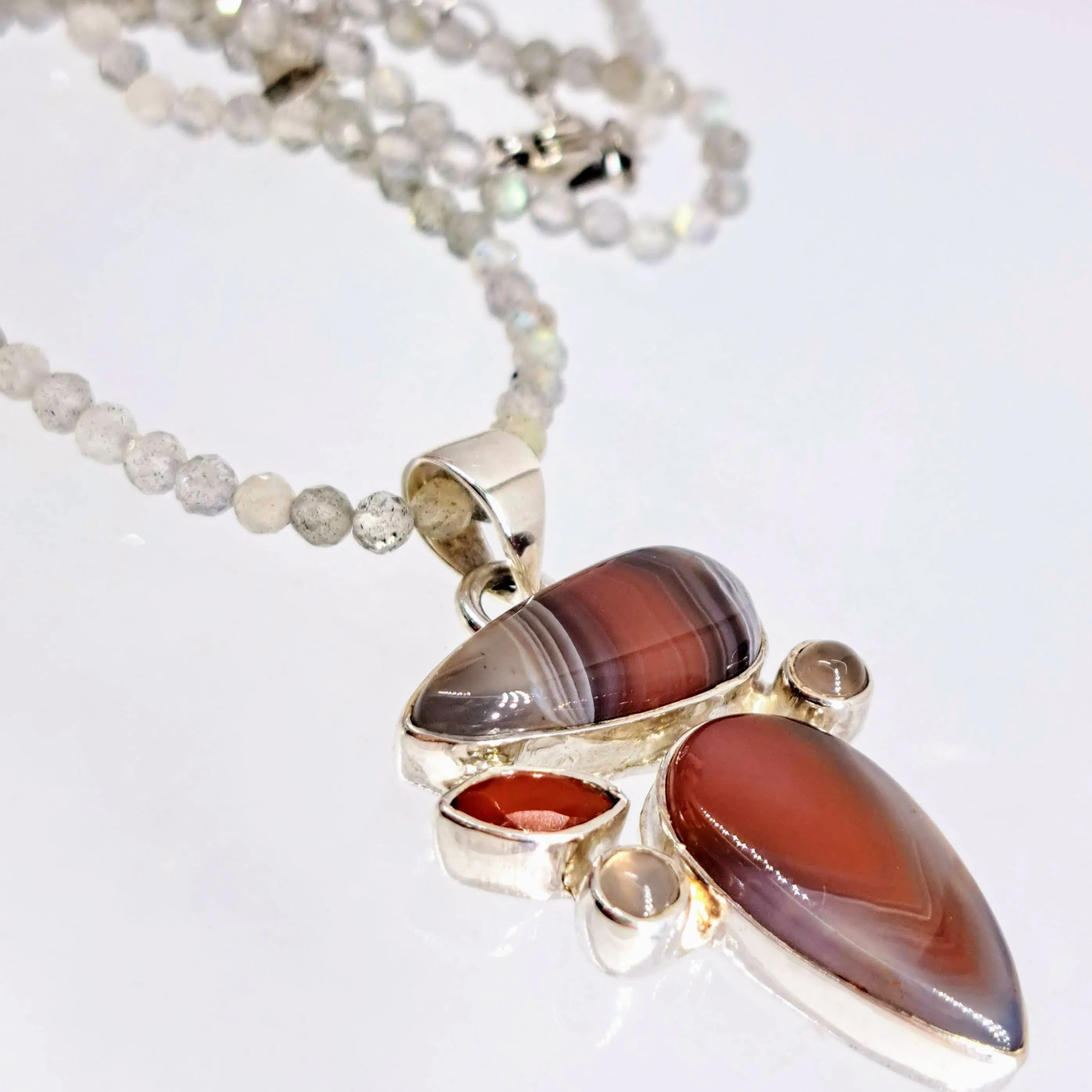 "Dusky Springfield" 1.75" Pendant 20" Necklace - Agate, Carnelian, Chalcedony, Labradorite, Sterling