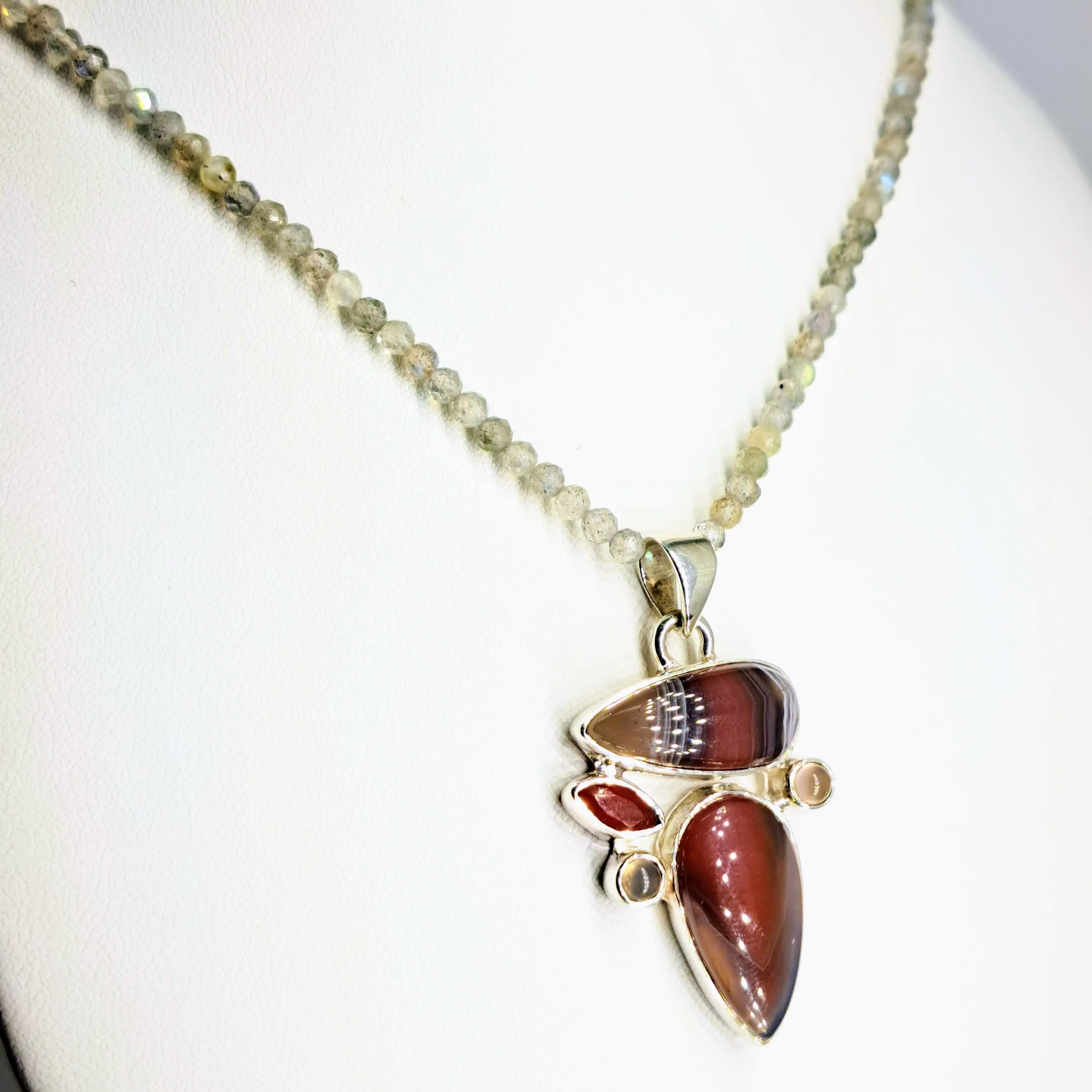 "Dusky Springfield" 1.75" Pendant 20" Necklace - Agate, Carnelian, Chalcedony, Labradorite, Sterling