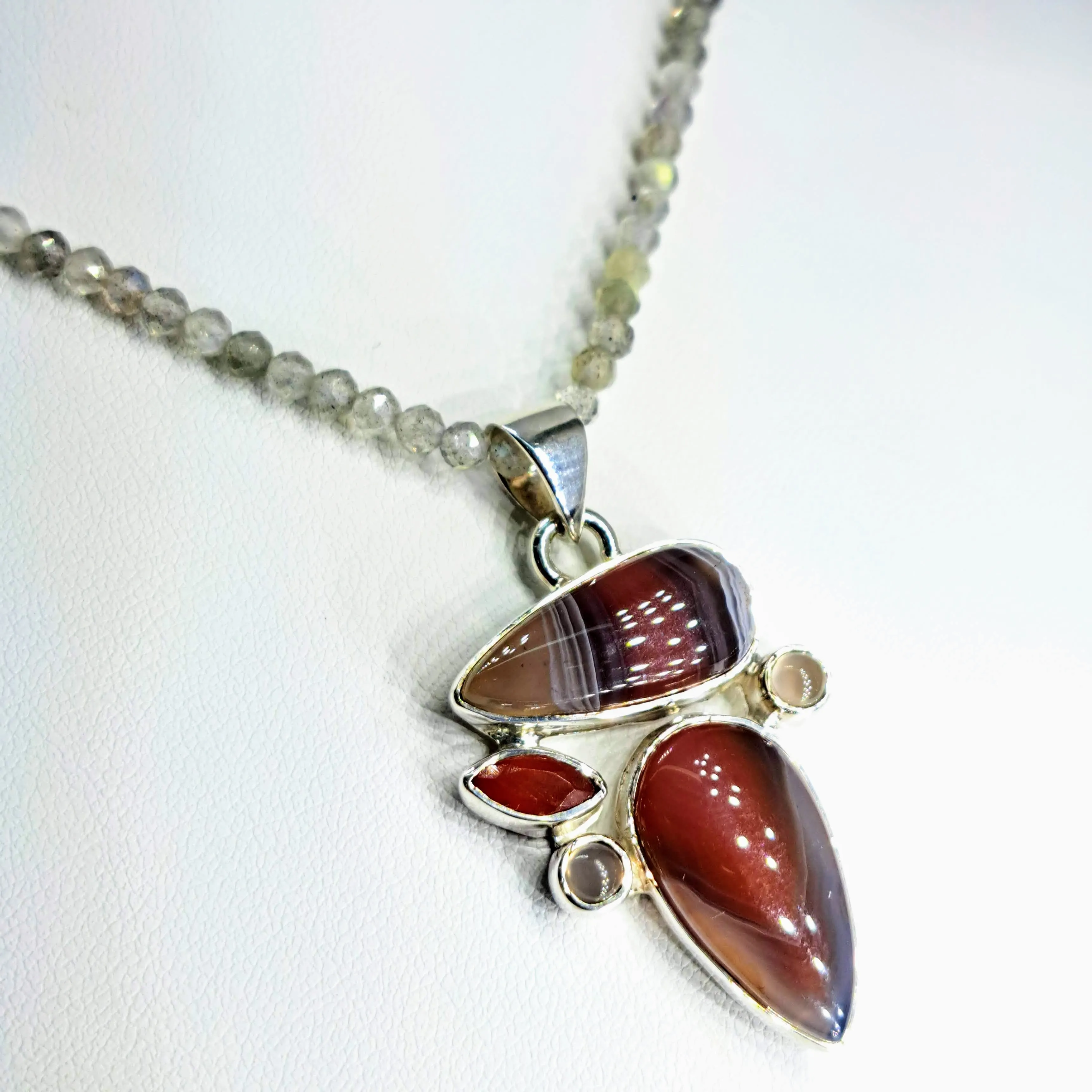 "Dusky Springfield" 1.75" Pendant 20" Necklace - Agate, Carnelian, Chalcedony, Labradorite, Sterling