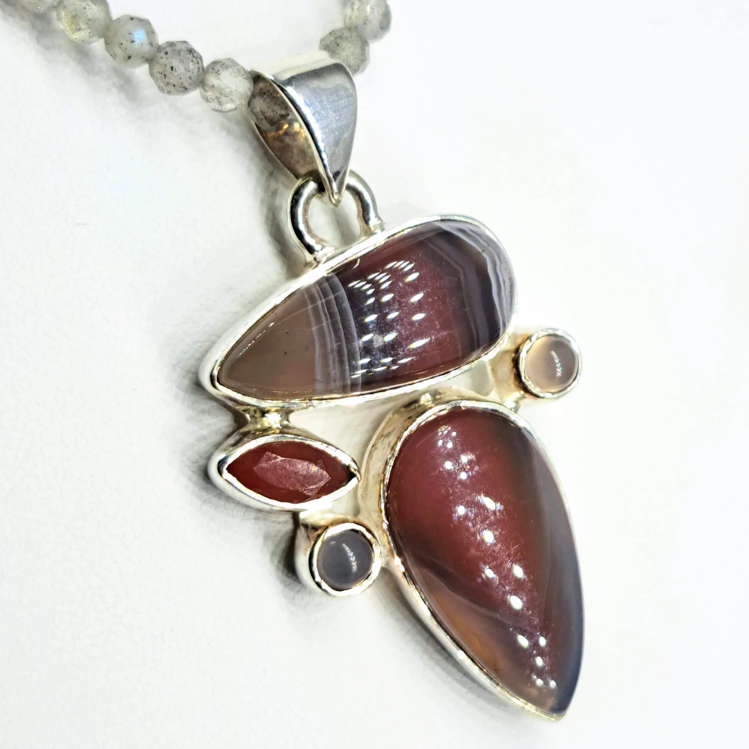 "Dusky Springfield" 1.75" Pendant 20" Necklace - Agate, Carnelian, Chalcedony, Labradorite, Sterling