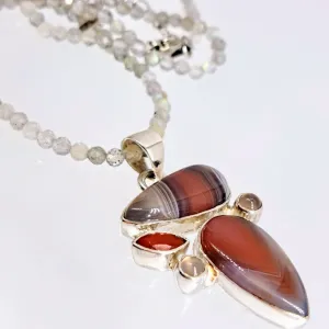 "Dusky Springfield" 1.75" Pendant 20" Necklace - Agate, Carnelian, Chalcedony, Labradorite, Sterling