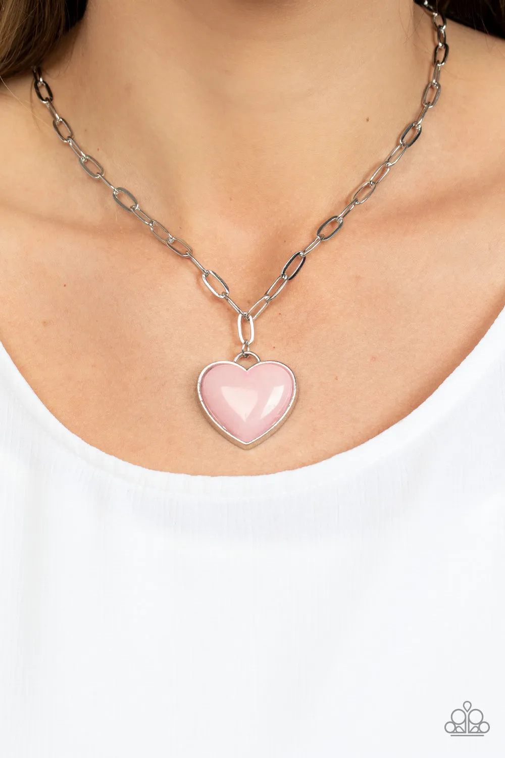"Everlasting Endearment" Silver Metal & Pink Stone Heart Necklace Set