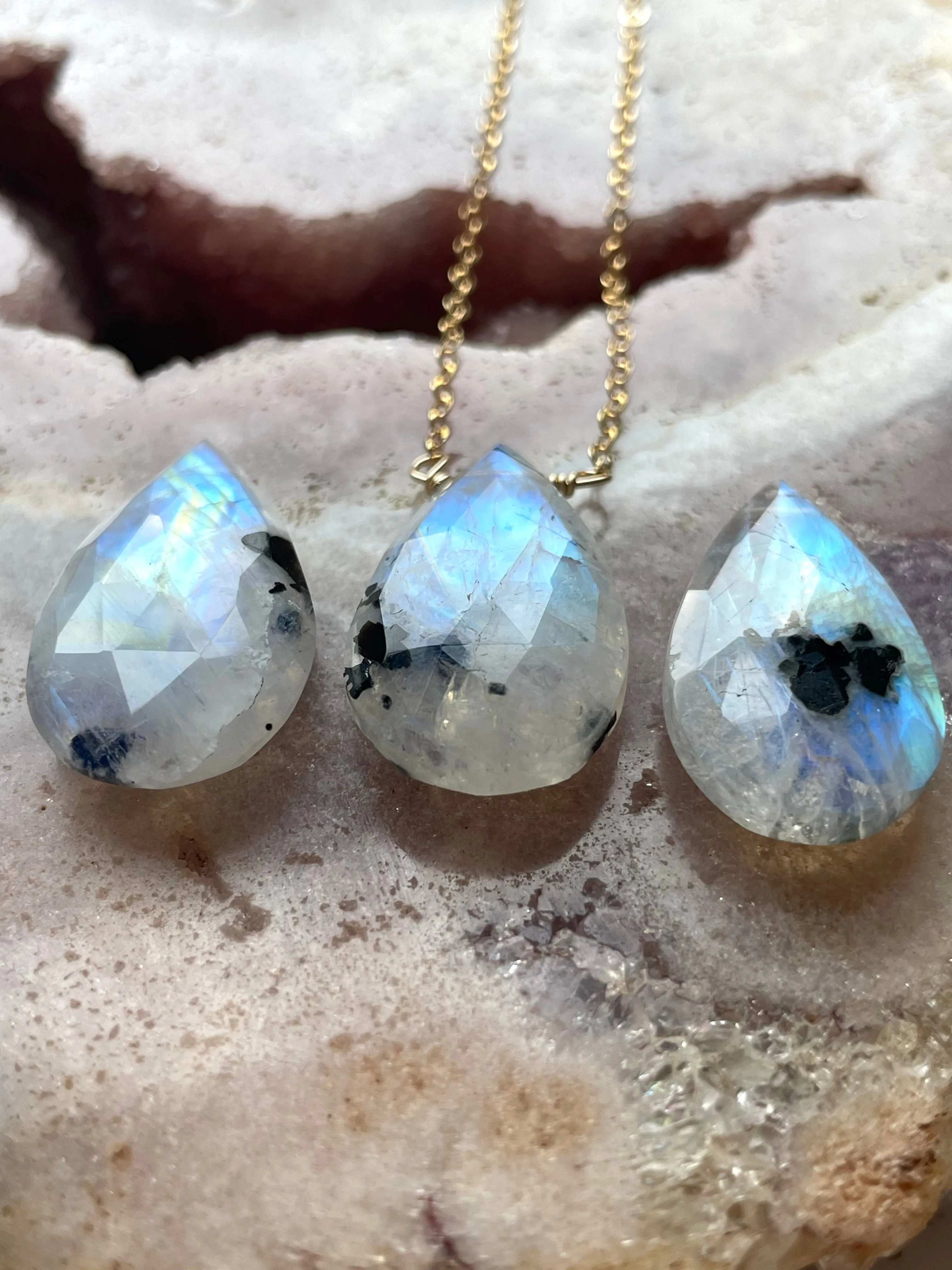 Rainbow Moonstone Crystal Pendant Necklace Sterling Silver or 14kt Gold Filled