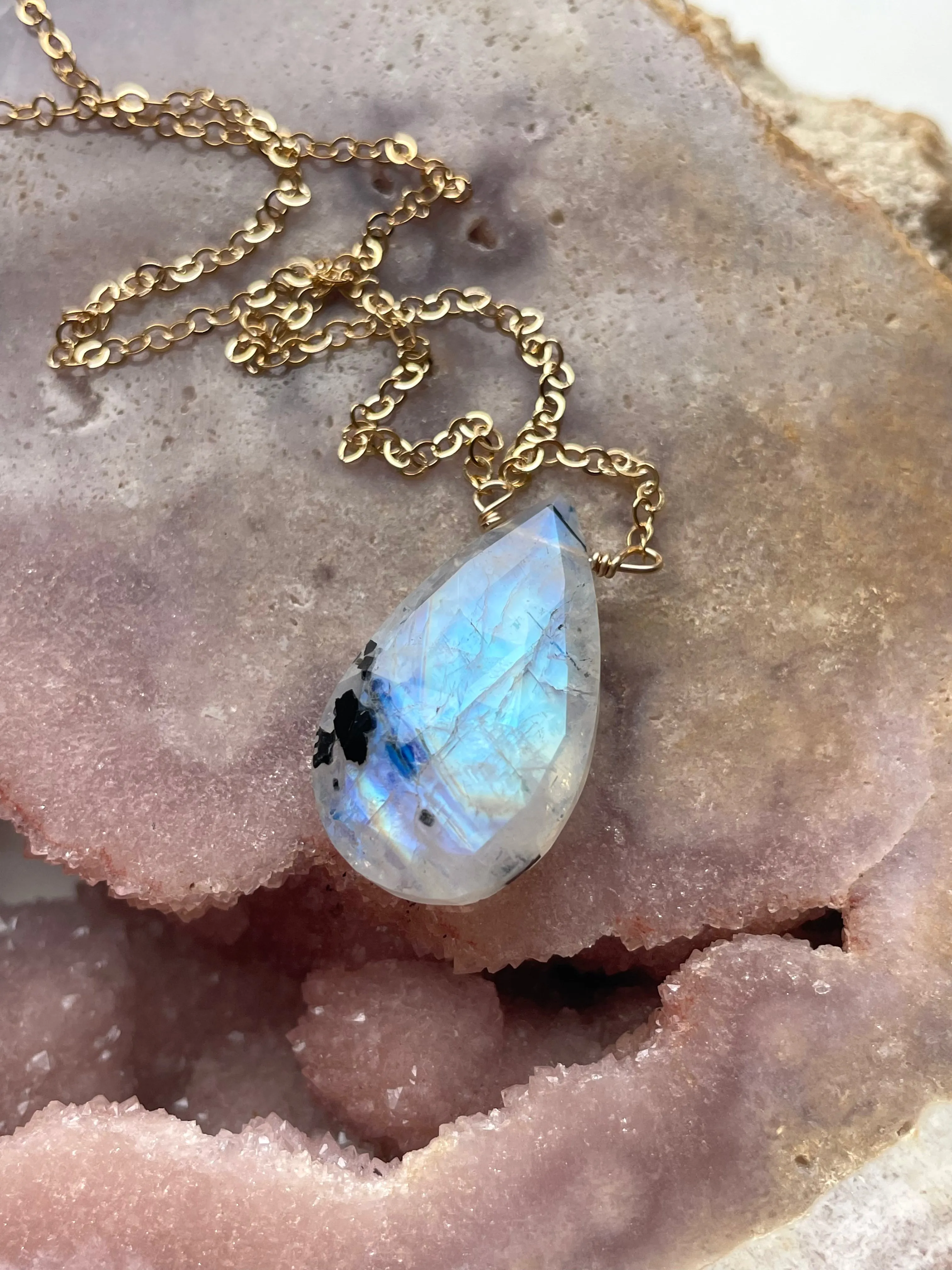 Rainbow Moonstone Crystal Pendant Necklace Sterling Silver or 14kt Gold Filled