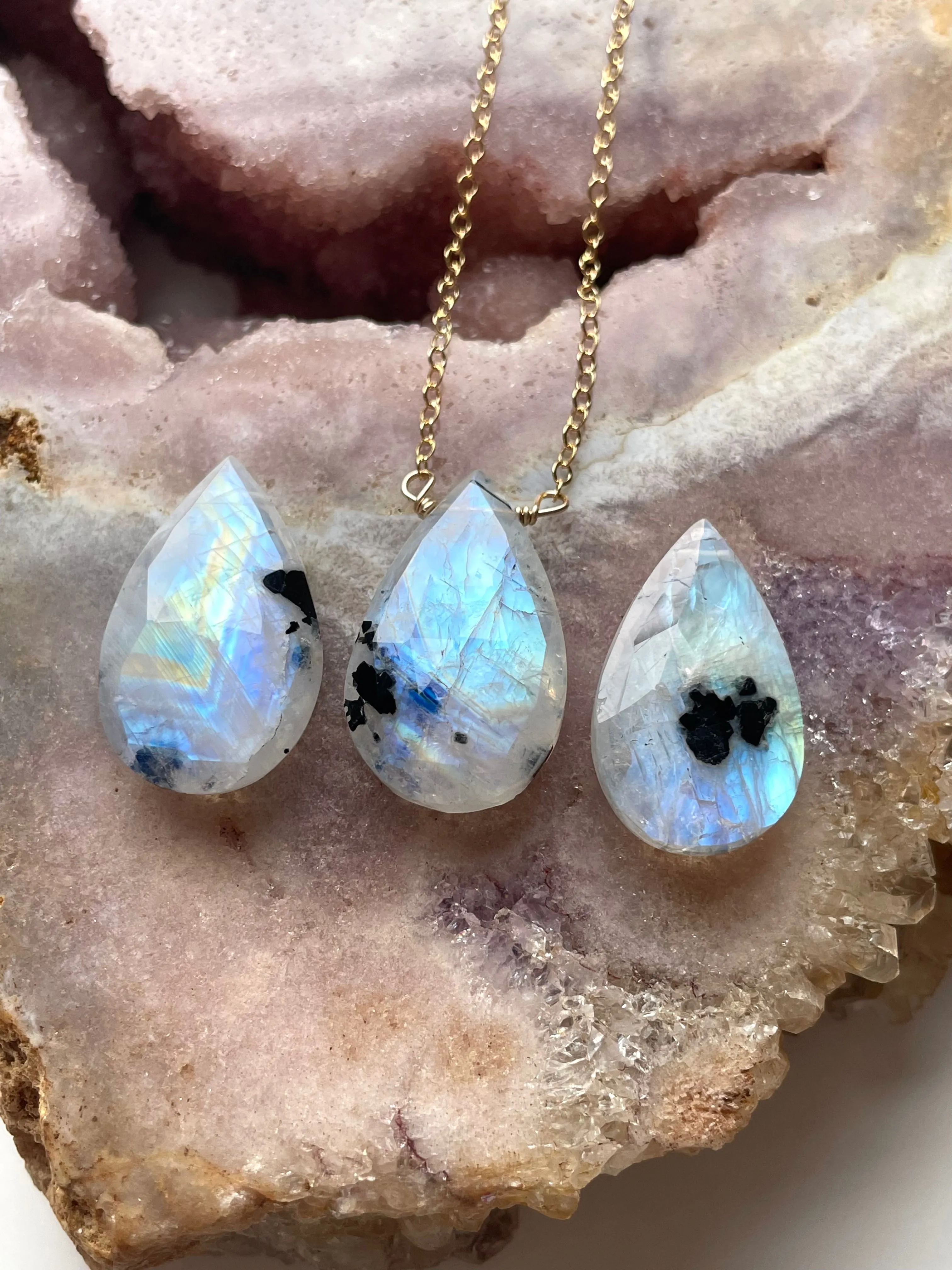 Rainbow Moonstone Crystal Pendant Necklace Sterling Silver or 14kt Gold Filled