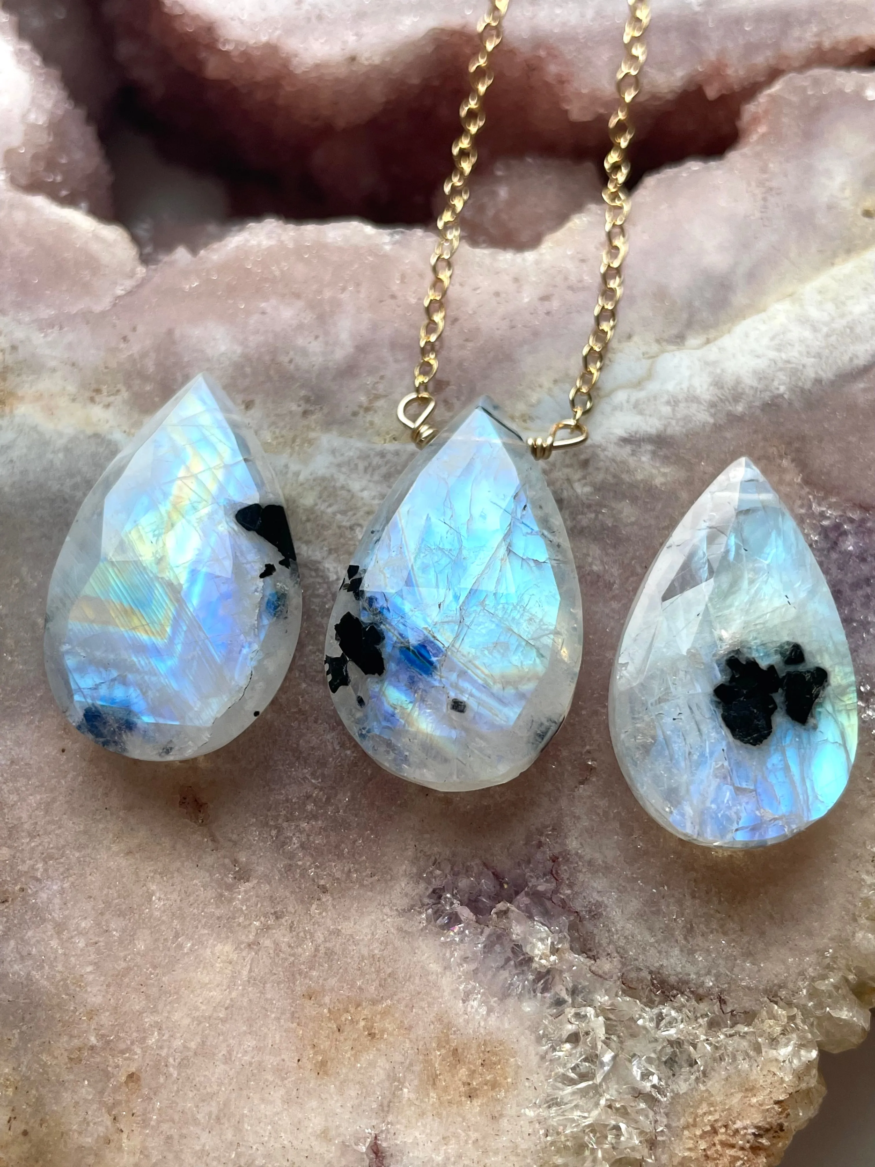 Rainbow Moonstone Crystal Pendant Necklace Sterling Silver or 14kt Gold Filled