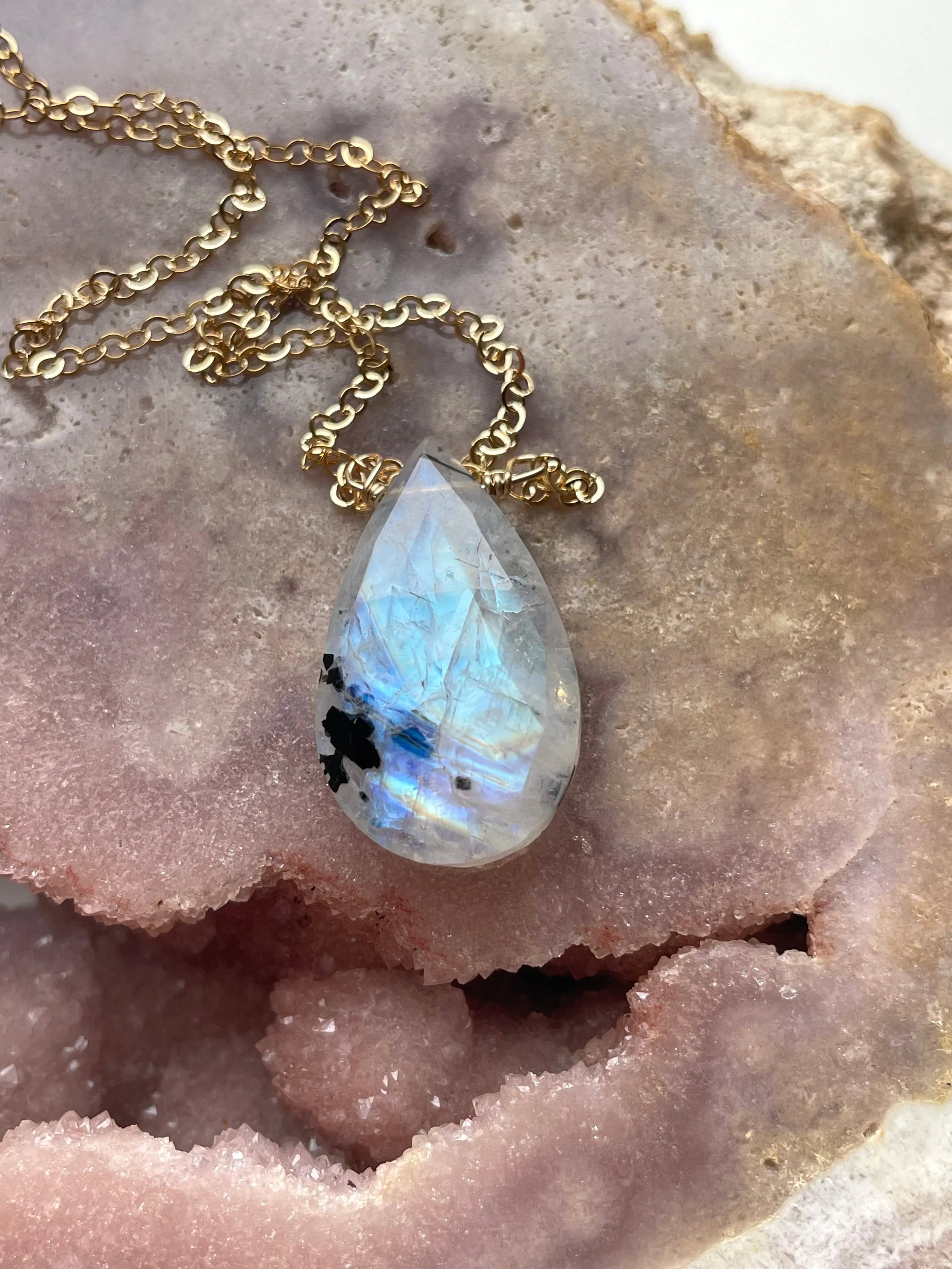Rainbow Moonstone Crystal Pendant Necklace Sterling Silver or 14kt Gold Filled