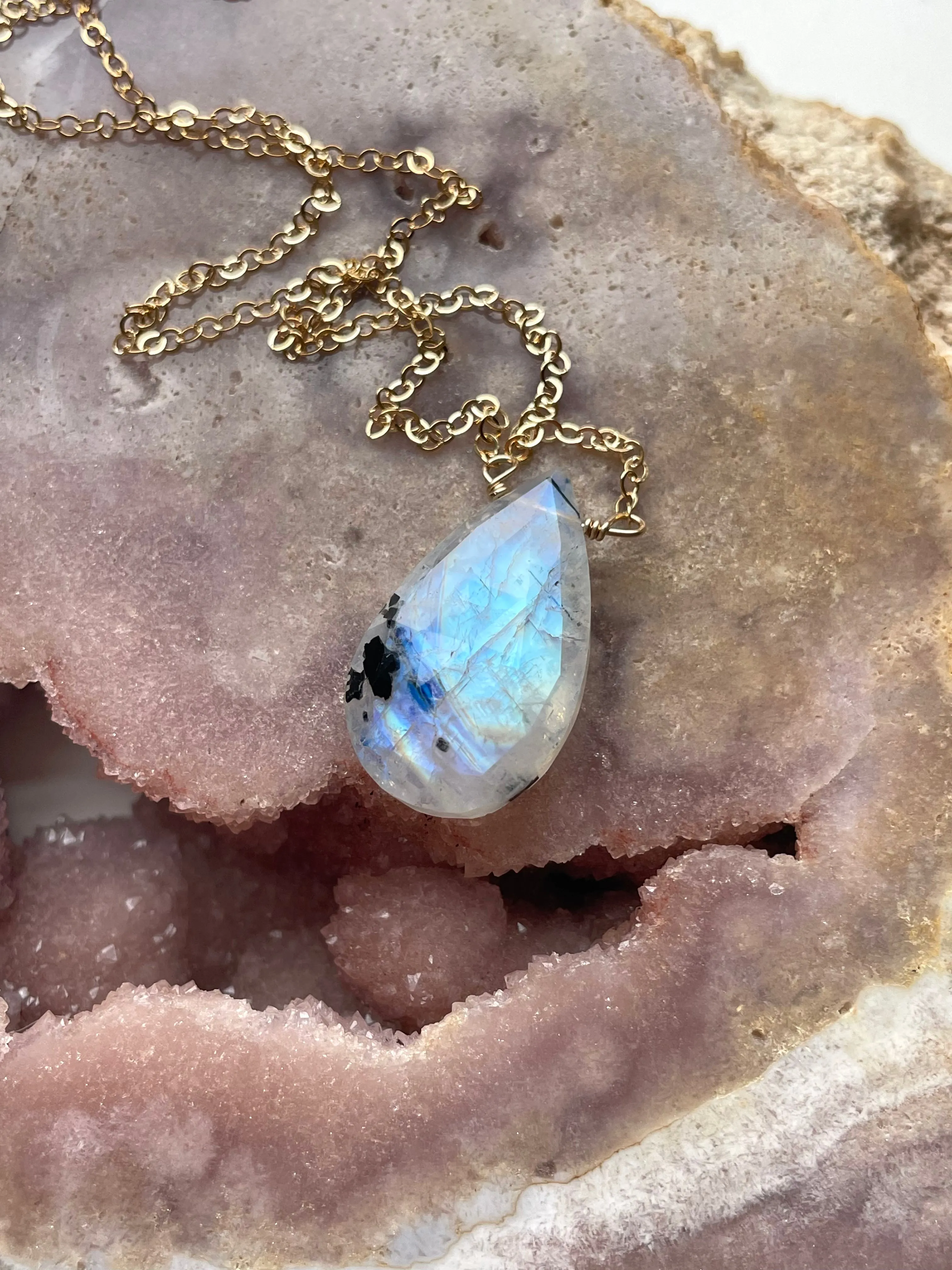 Rainbow Moonstone Crystal Pendant Necklace Sterling Silver or 14kt Gold Filled