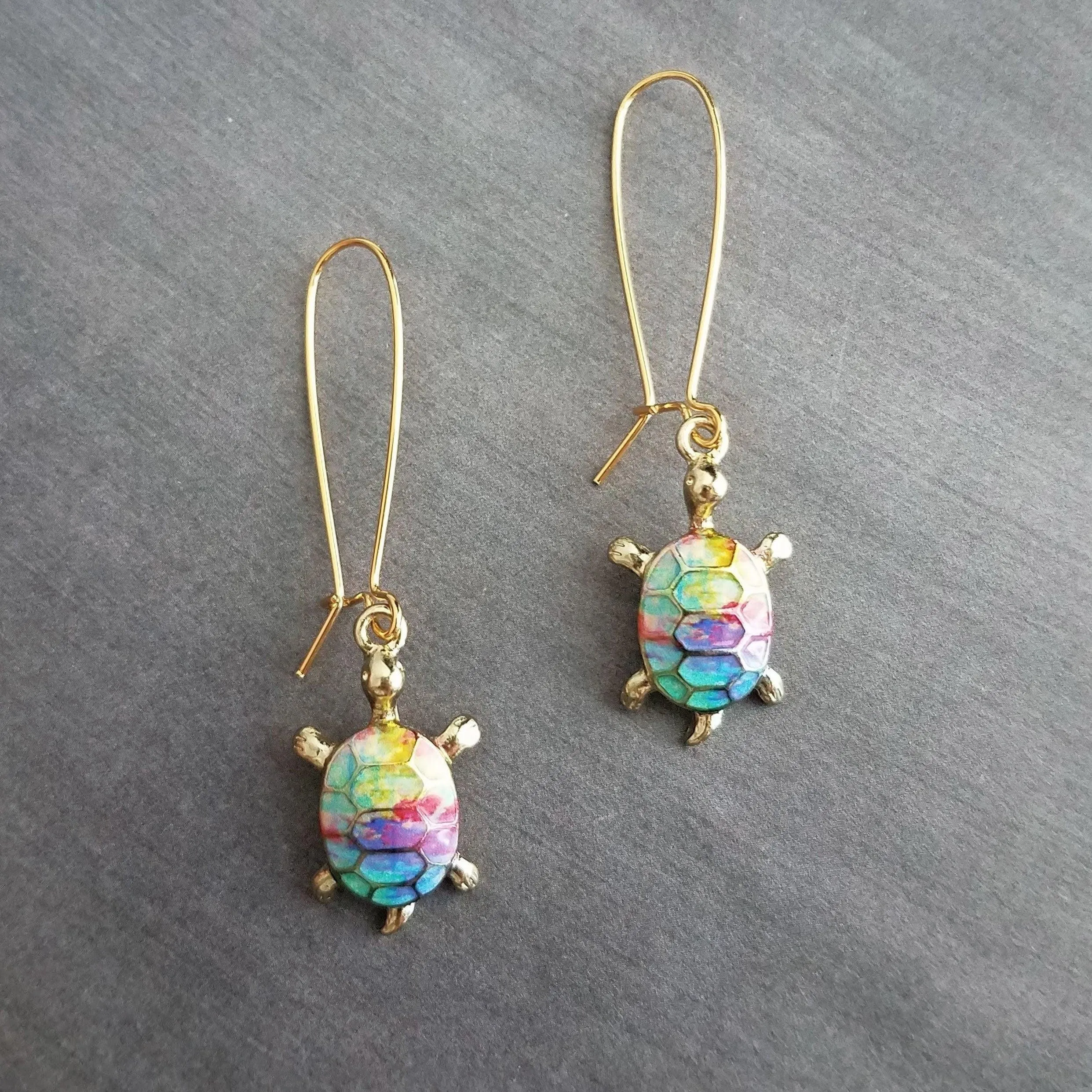 Rainbow Turtle Necklace, gold turtle necklace, enamel turtle pendant, terrapin necklace, reptile necklace, colorful turtle watercolor turtle
