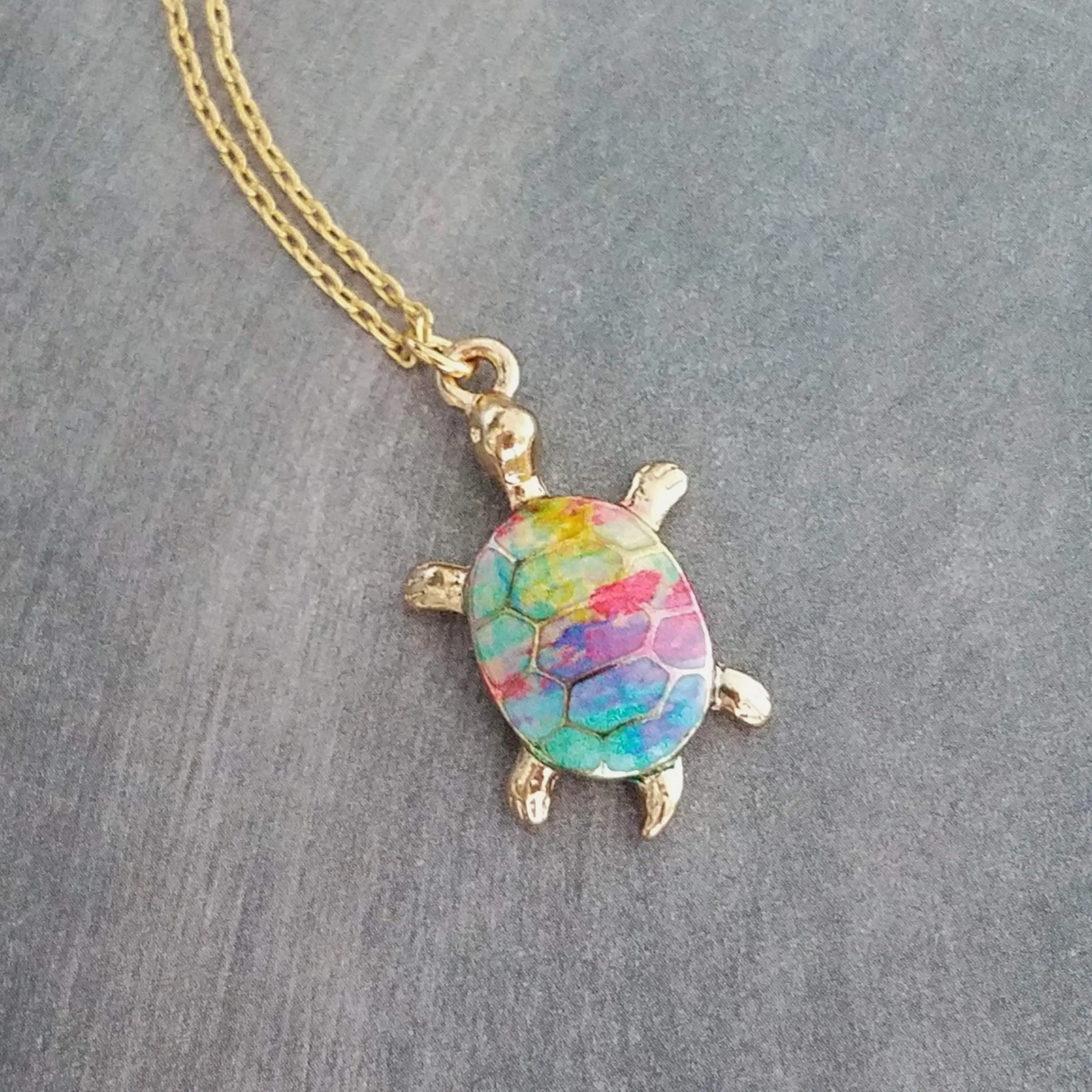Rainbow Turtle Necklace, gold turtle necklace, enamel turtle pendant, terrapin necklace, reptile necklace, colorful turtle watercolor turtle