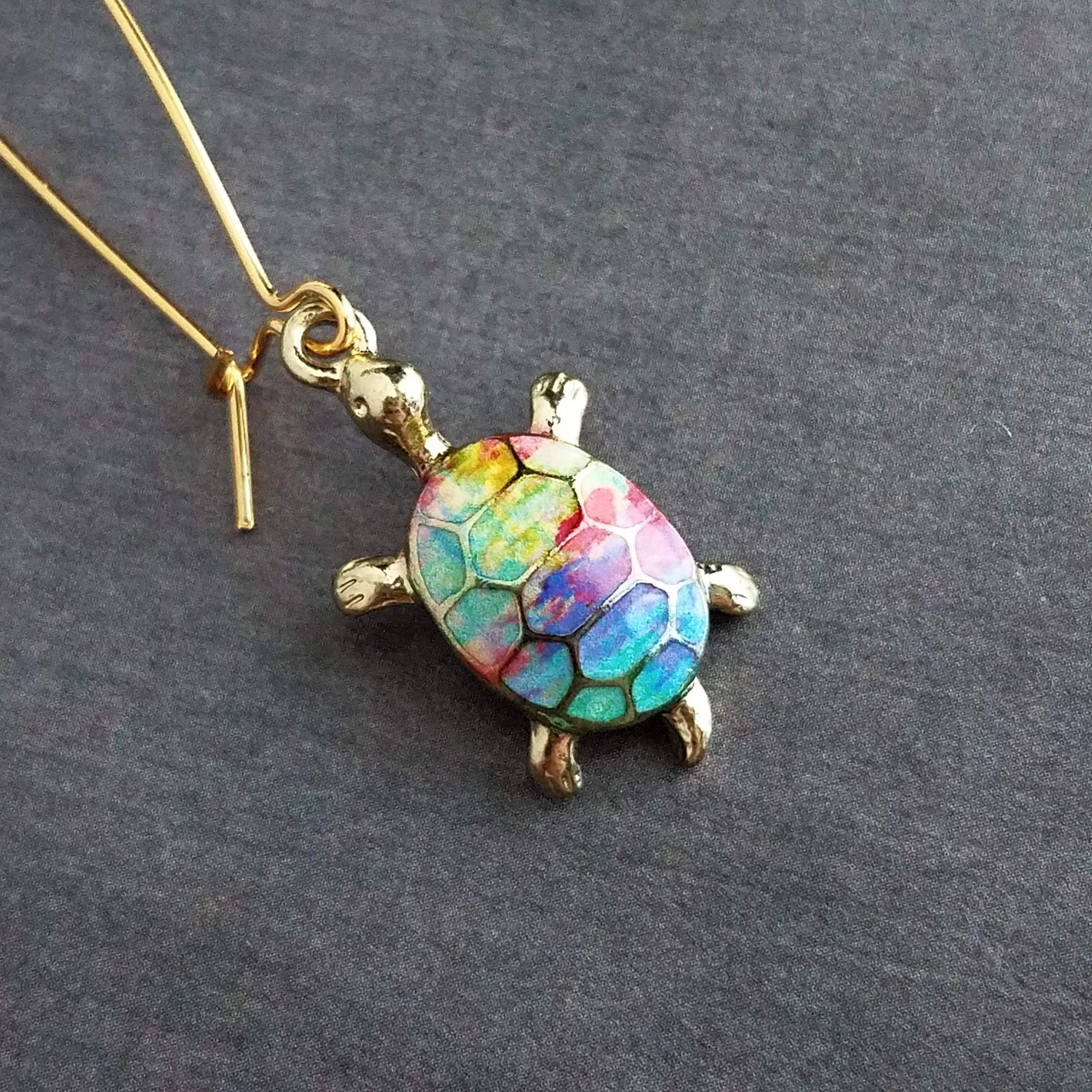Rainbow Turtle Necklace, gold turtle necklace, enamel turtle pendant, terrapin necklace, reptile necklace, colorful turtle watercolor turtle