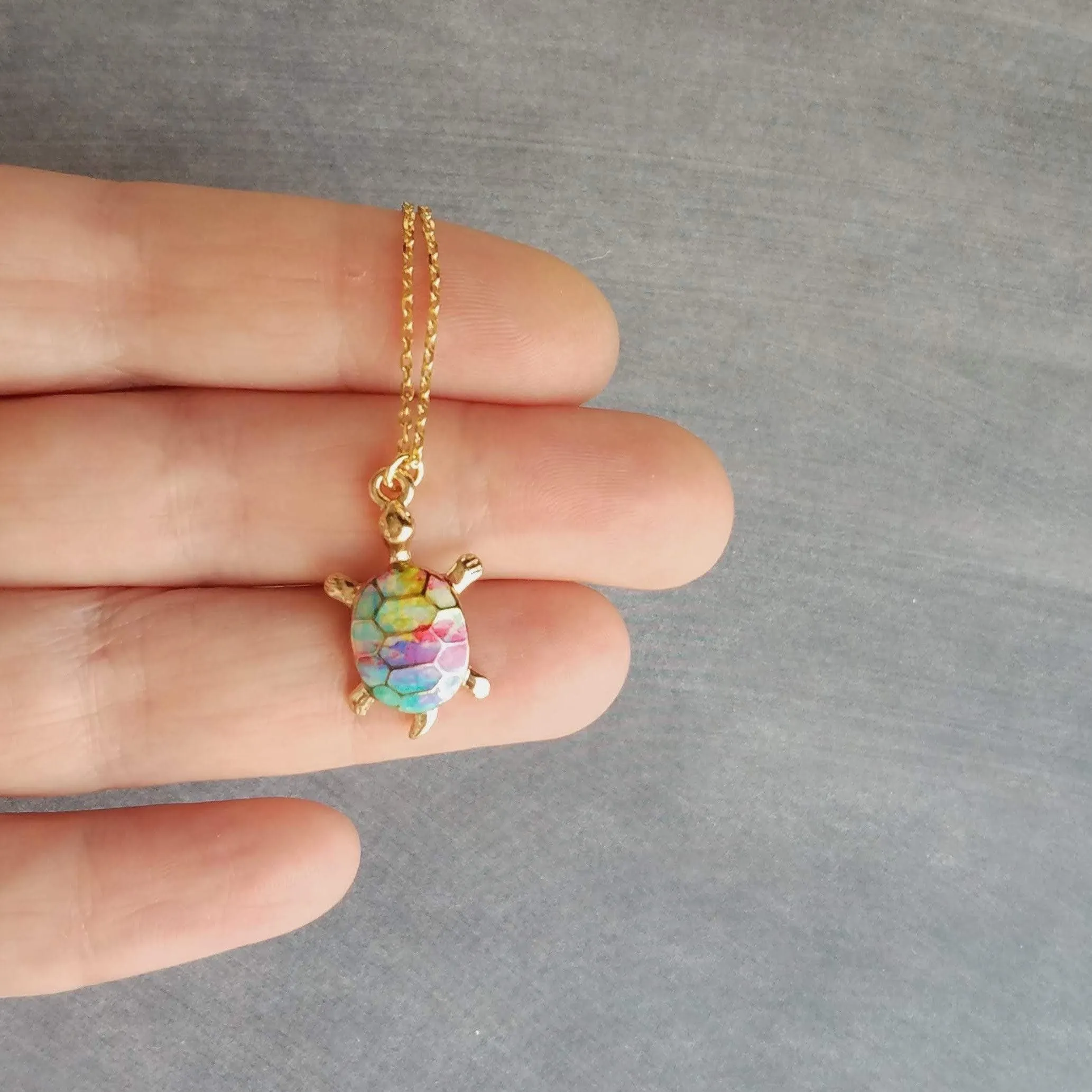 Rainbow Turtle Necklace, gold turtle necklace, enamel turtle pendant, terrapin necklace, reptile necklace, colorful turtle watercolor turtle