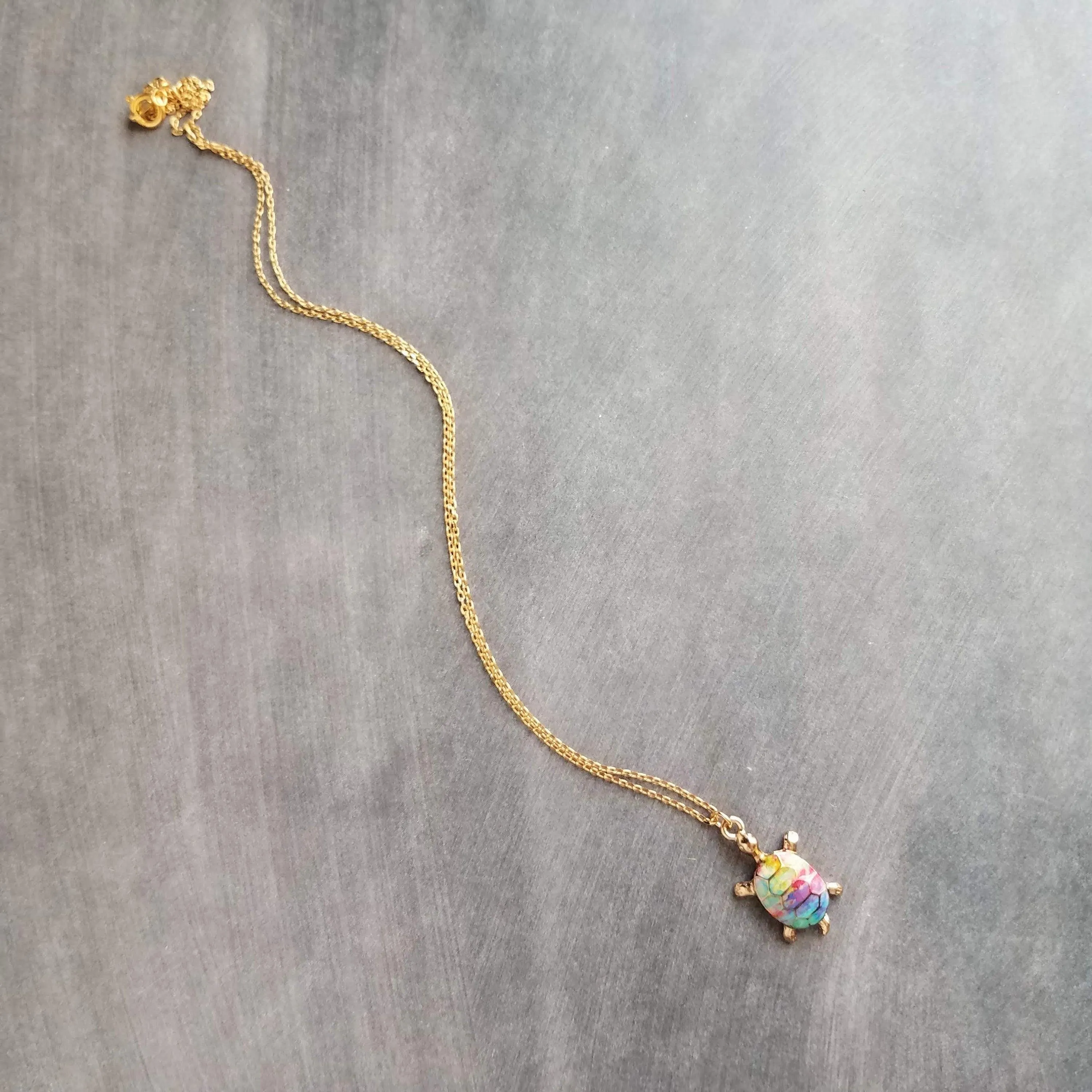 Rainbow Turtle Necklace, gold turtle necklace, enamel turtle pendant, terrapin necklace, reptile necklace, colorful turtle watercolor turtle