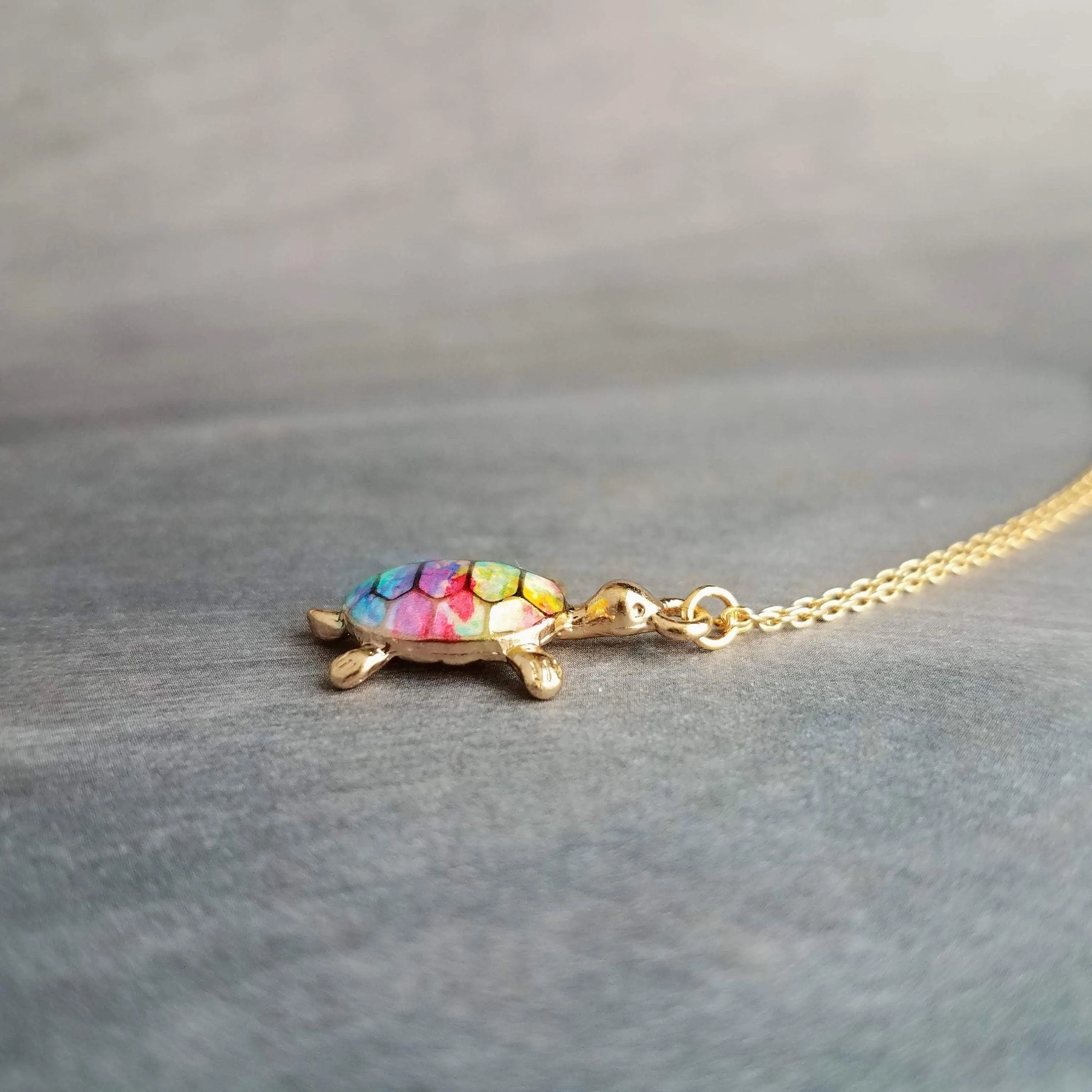 Rainbow Turtle Necklace, gold turtle necklace, enamel turtle pendant, terrapin necklace, reptile necklace, colorful turtle watercolor turtle