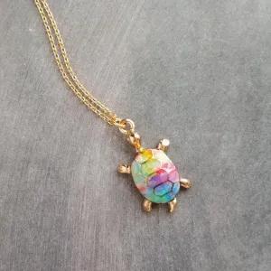 Rainbow Turtle Necklace, gold turtle necklace, enamel turtle pendant, terrapin necklace, reptile necklace, colorful turtle watercolor turtle