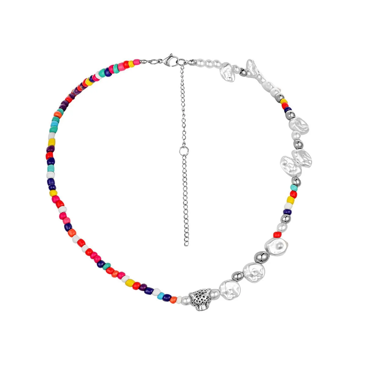 Red Multicolor Teal Howlite Jaguar Beaded Necklace