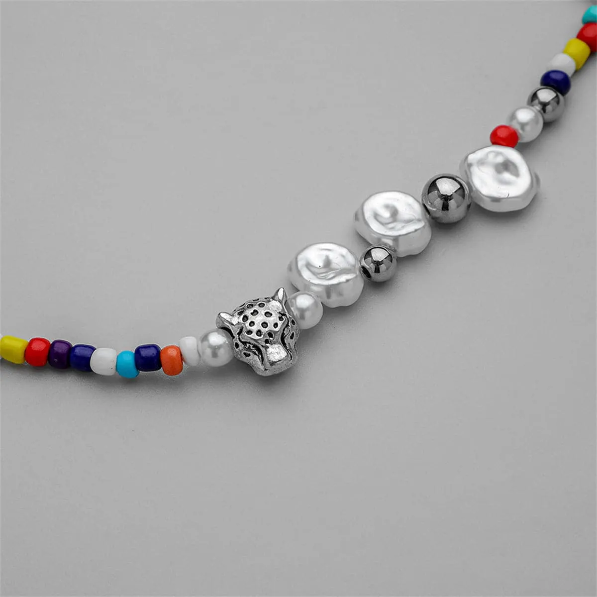 Red Multicolor Teal Howlite Jaguar Beaded Necklace