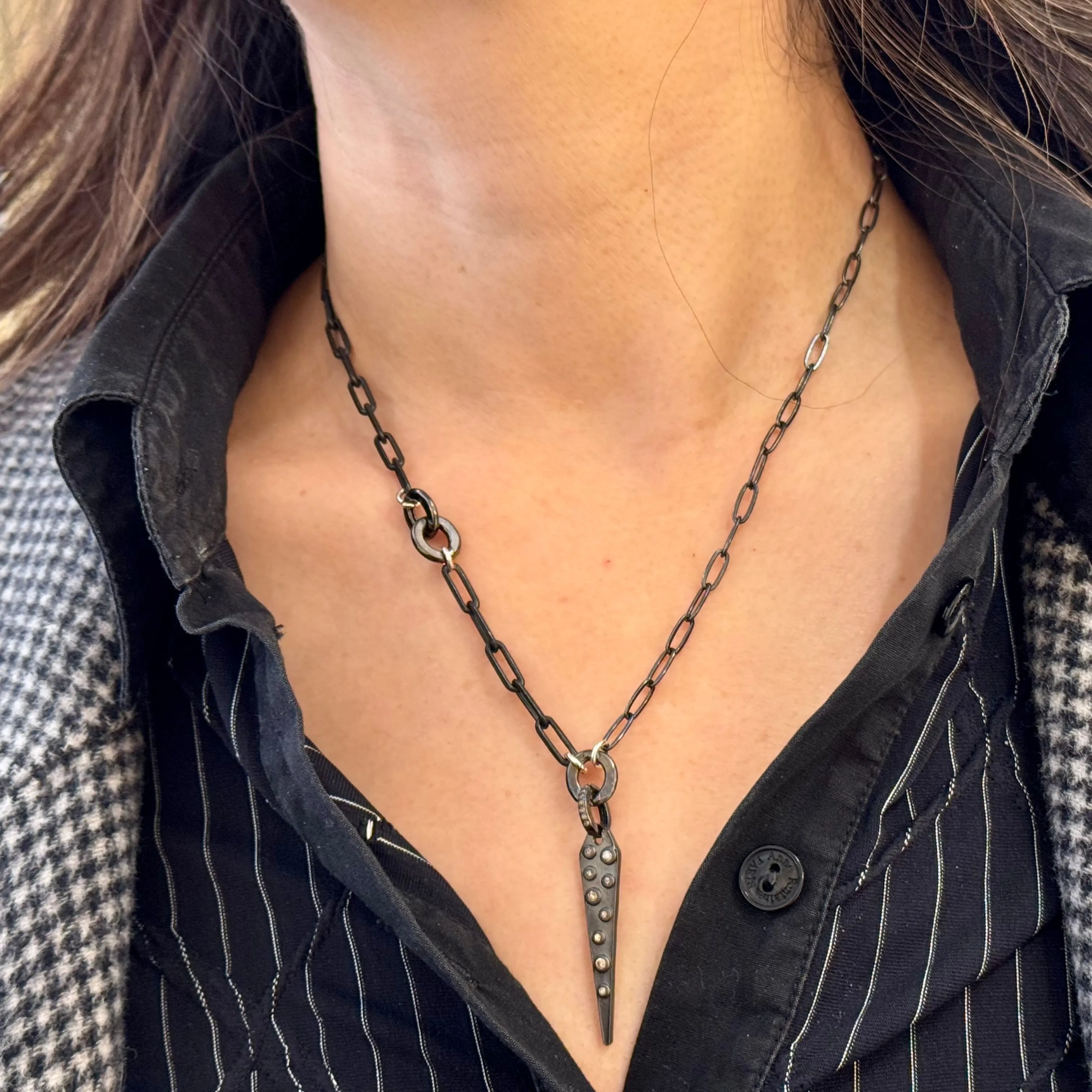 Rhodium Silver Paperclip & Pave Diamond Spike Pendant