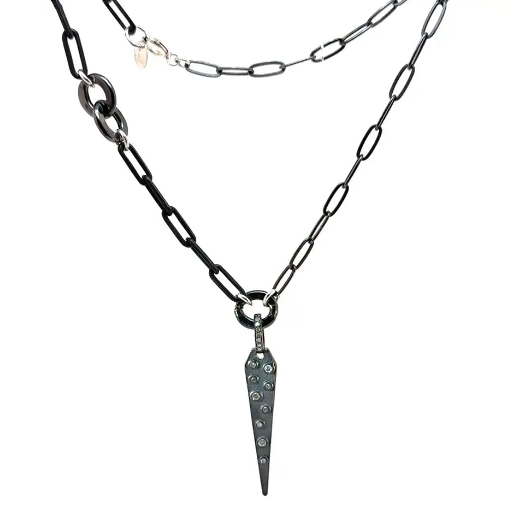 Rhodium Silver Paperclip & Pave Diamond Spike Pendant