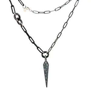 Rhodium Silver Paperclip & Pave Diamond Spike Pendant