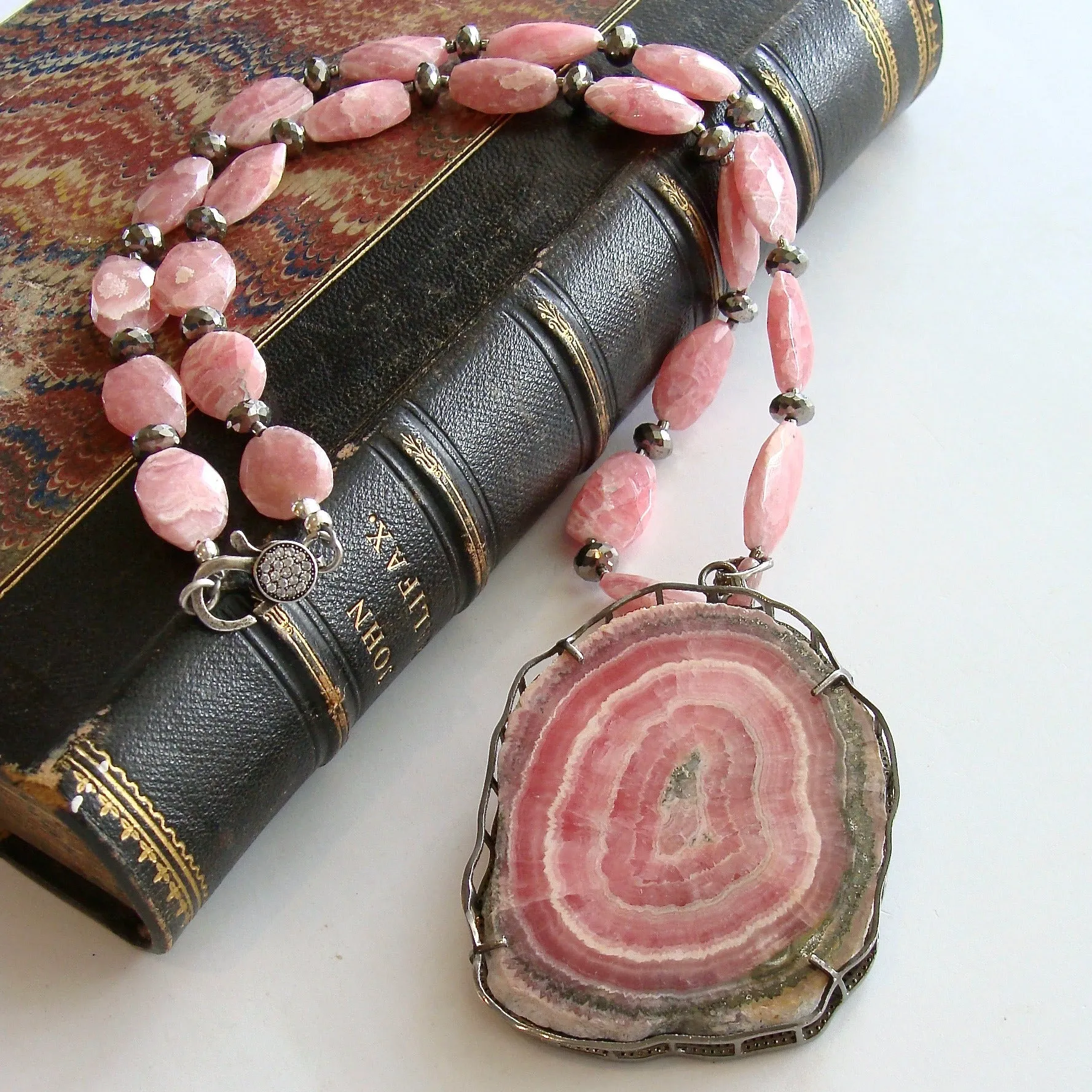 Rhodochrosite Diamond Pyrite Necklace - Roxanne Necklace