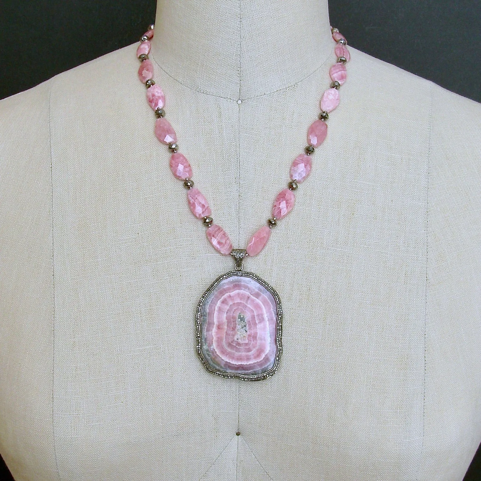 Rhodochrosite Diamond Pyrite Necklace - Roxanne Necklace