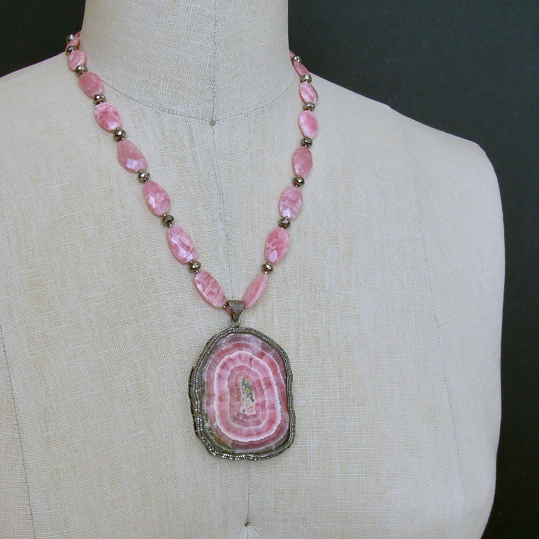 Rhodochrosite Diamond Pyrite Necklace - Roxanne Necklace