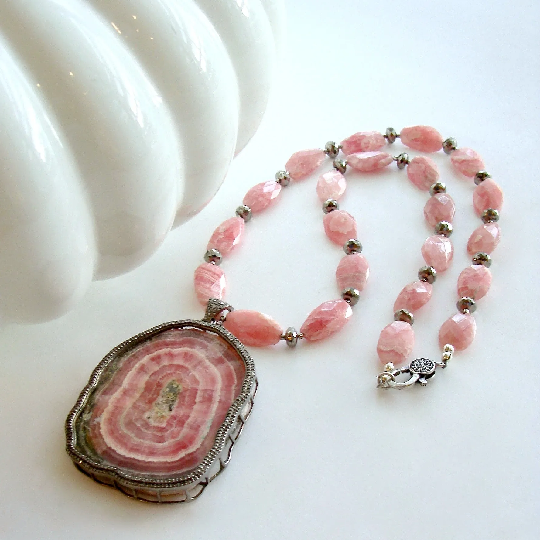 Rhodochrosite Diamond Pyrite Necklace - Roxanne Necklace