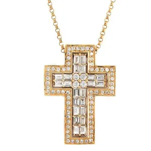 Round & Baguette Diamond in a  Double Cross Pendant Necklace, 18k Yellow Gold