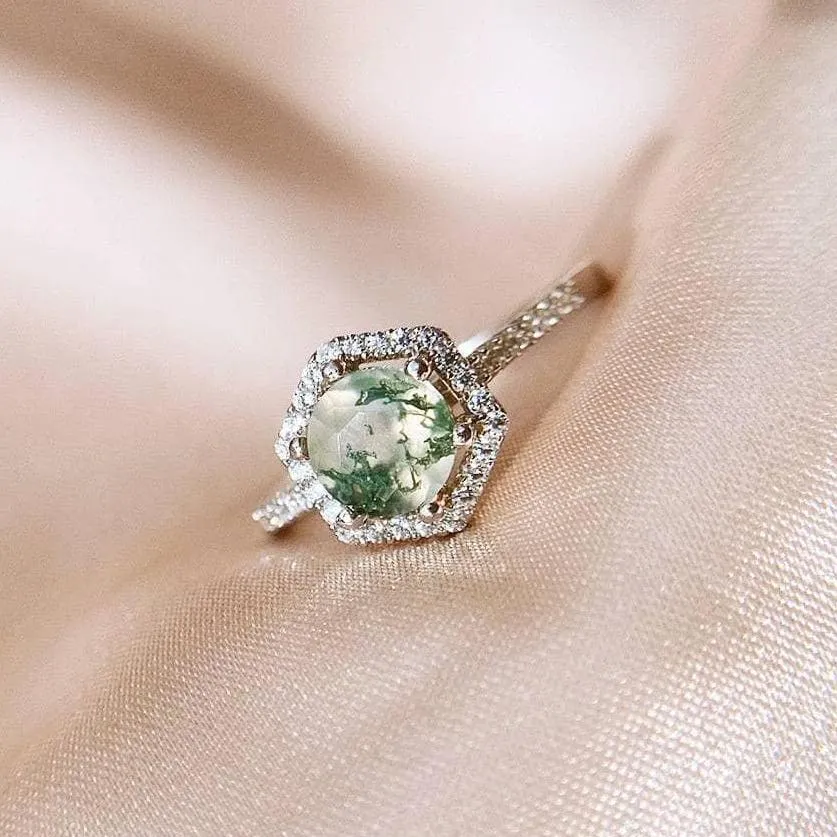 Round Cut Natural Moss Agate Hexagon Halo Engagement Ring