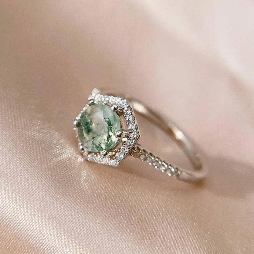 Round Cut Natural Moss Agate Hexagon Halo Engagement Ring