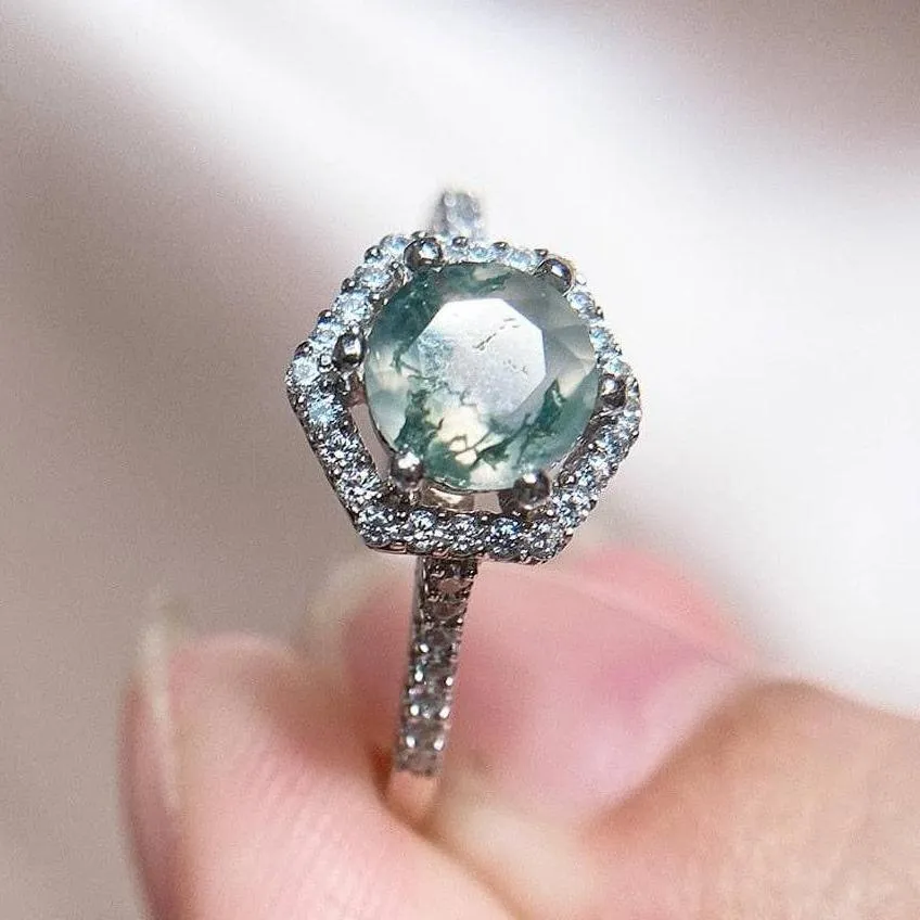 Round Cut Natural Moss Agate Hexagon Halo Engagement Ring