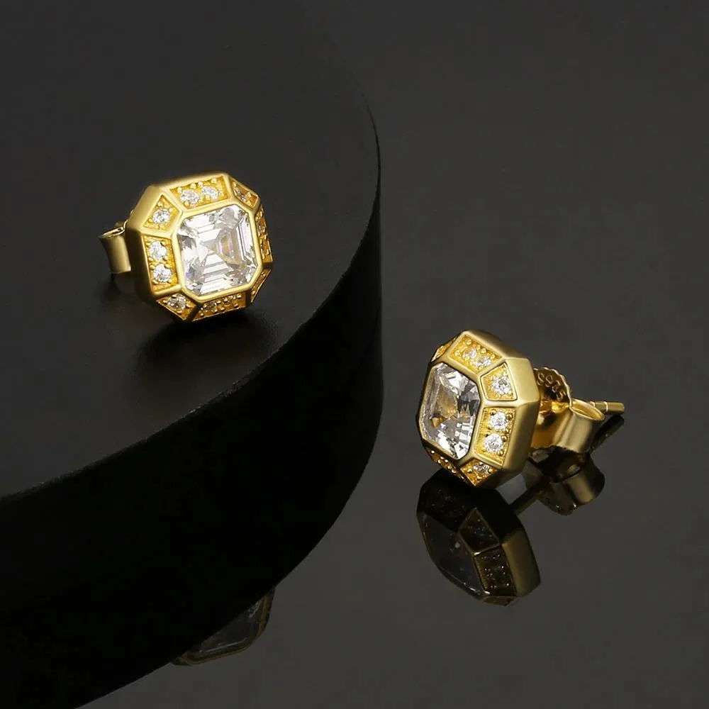 S925 Emerald Cut Diamond Stud Earrings in 14K Gold