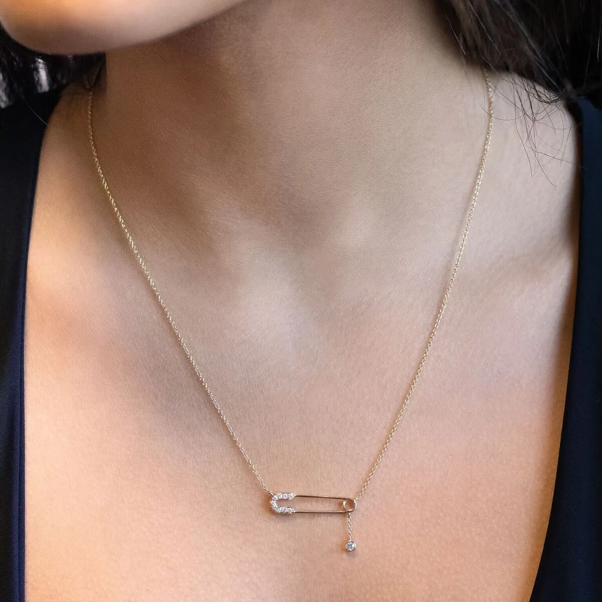 Safety Pin Diamond Necklace 14K