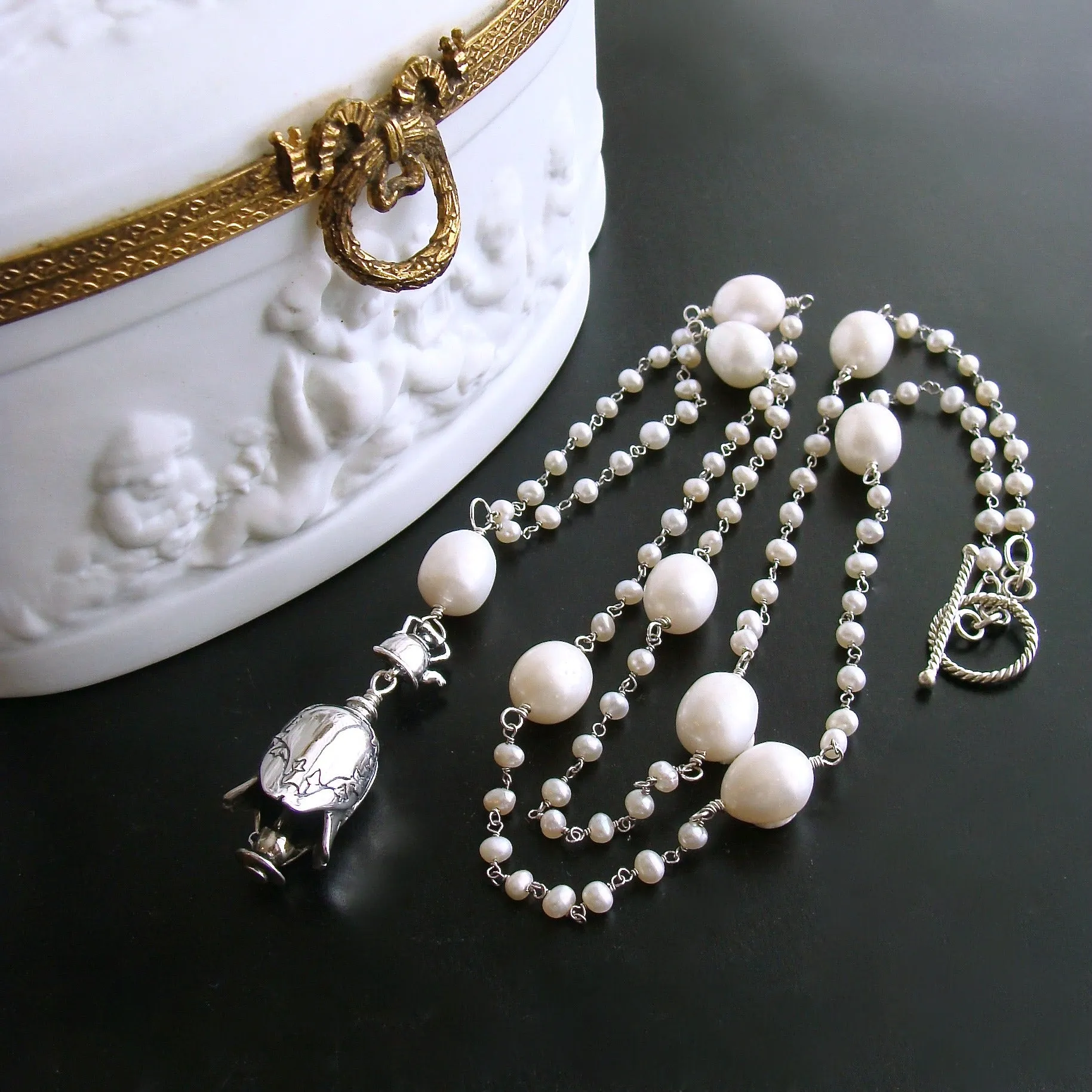 Seed Pearl Baroque Pearl Grandmother Teapot and Cup Bell Necklace - Grandmother Bell Necklace